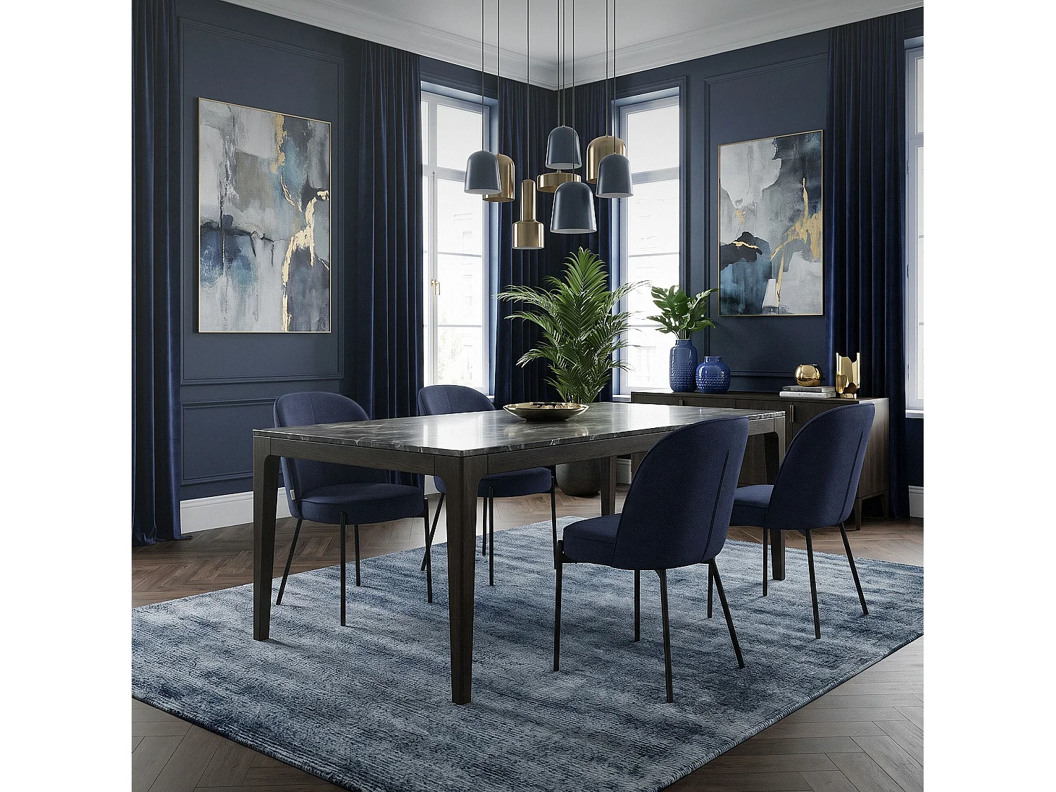 Lot de 2 chaises de salle à manger bleu foncé en polyester pieds en métal dossier arrondi ergonomique assise rembourrée sièges pour cuisine et salon