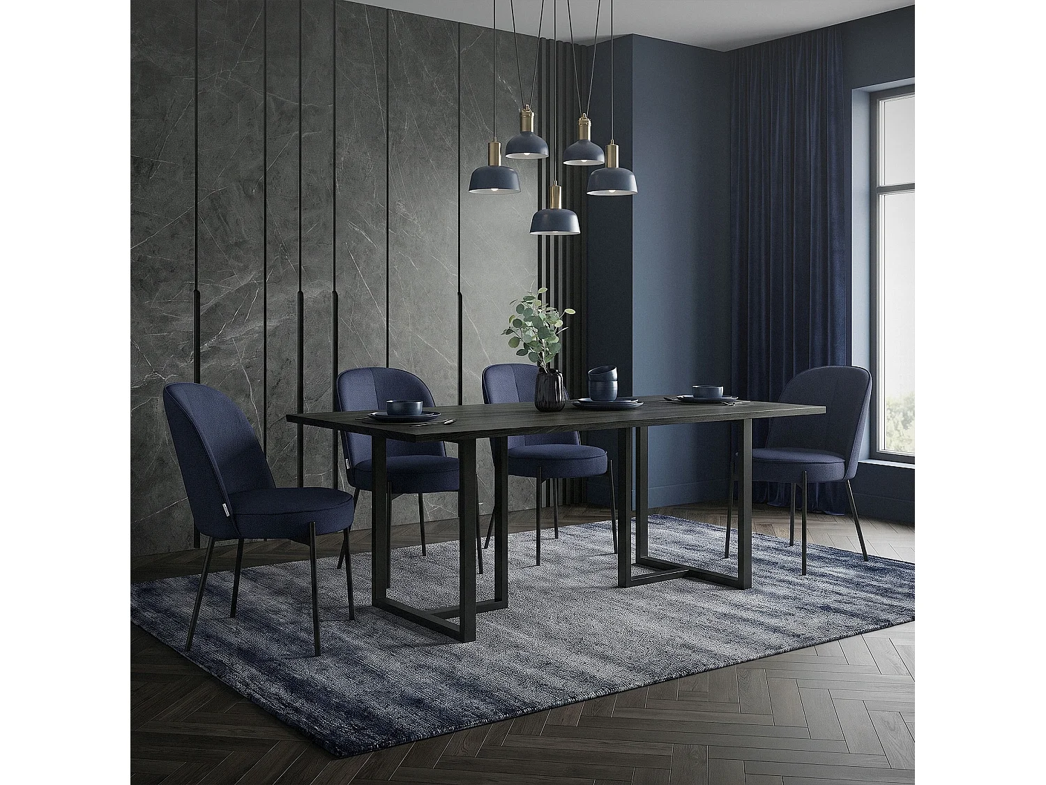 Lot de 2 chaises de salle à manger bleu foncé en polyester pieds en métal dossier arrondi ergonomique assise rembourrée sièges pour cuisine et salon