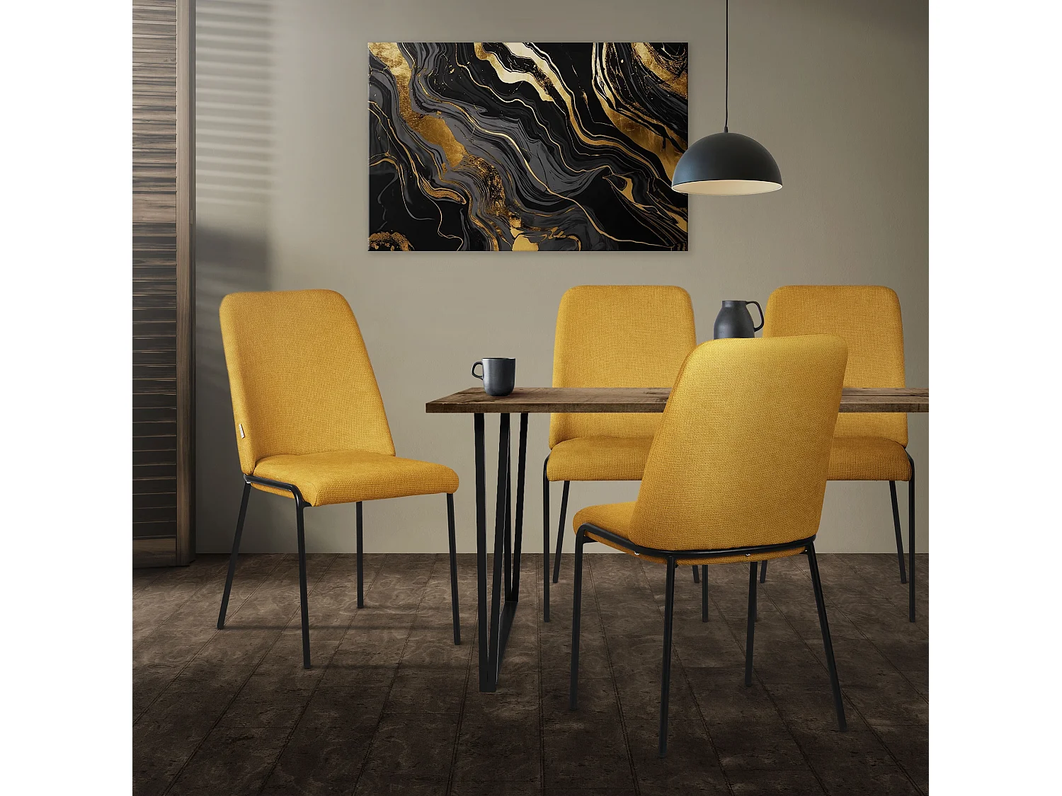 ML-Design 4x Sillas de comedor mostaza poliéster tapizado con patas de metal asiento acolchado con respaldo diseño atemporal mueble ergonómico