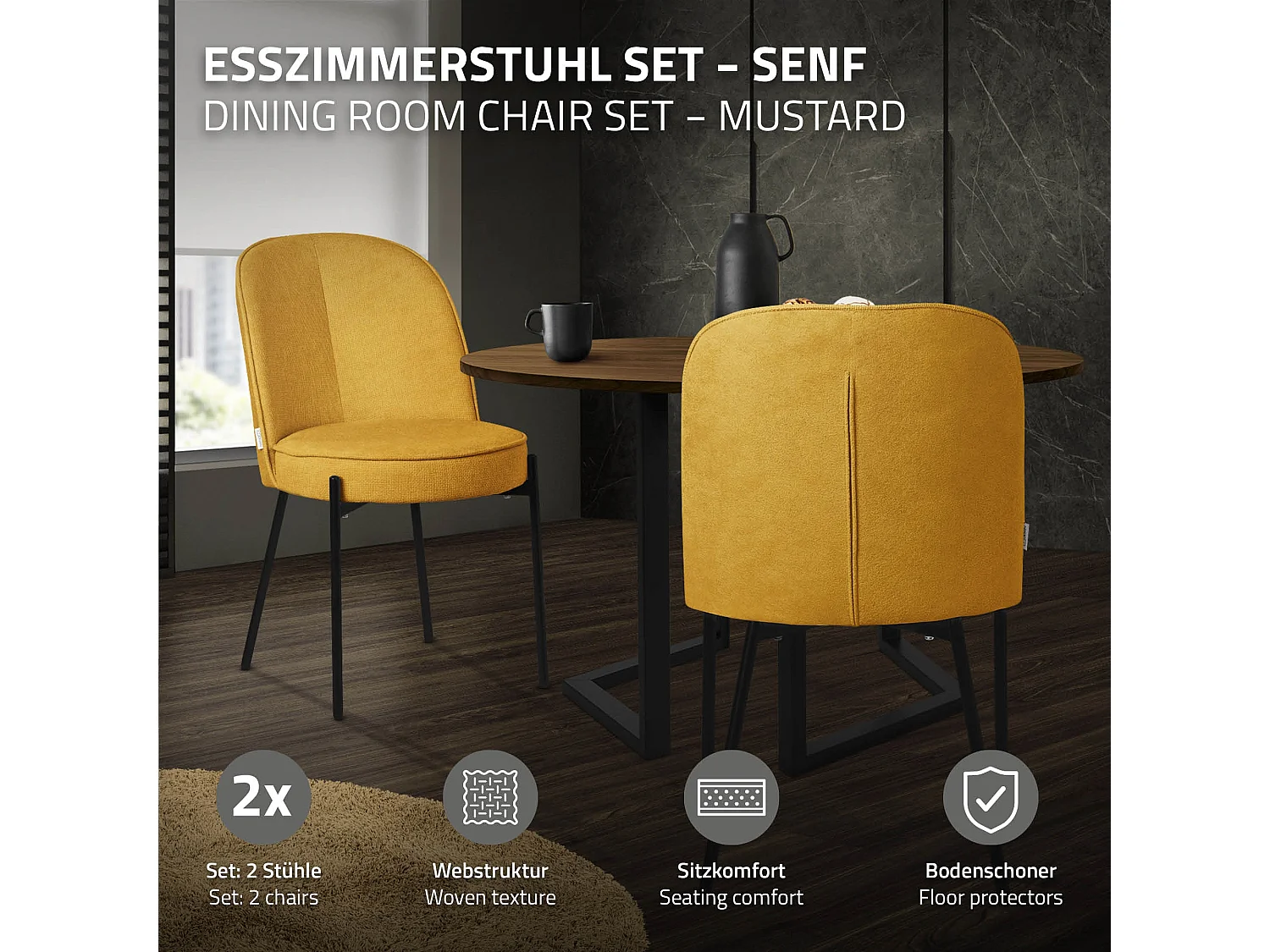 Lot de 2 chaises de salle à manger moutarde en polyester pieds en métal dossier arrondi ergonomique assise rembourrée sièges pour cuisine et salon