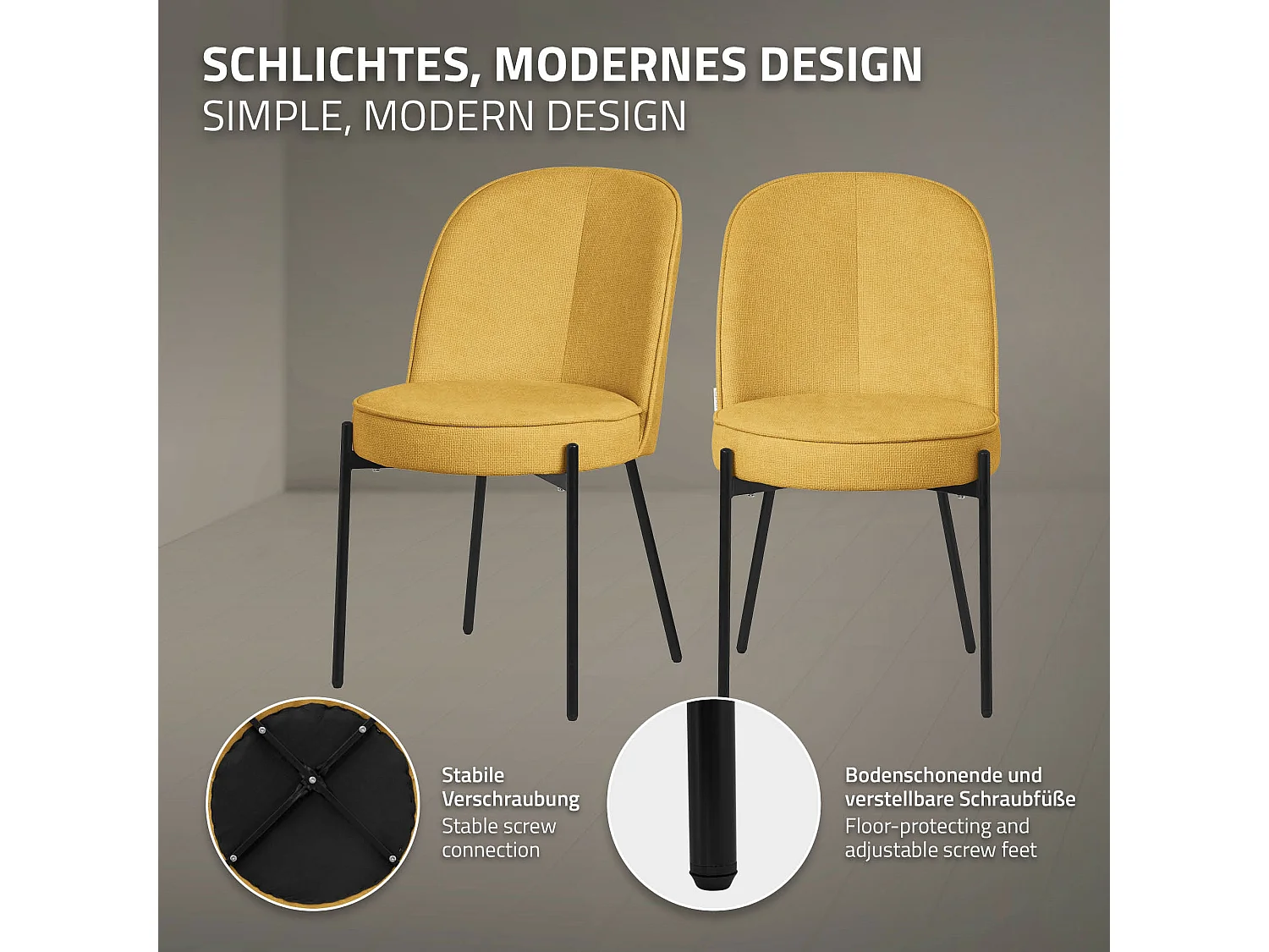 Lot de 2 chaises de salle à manger moutarde en polyester pieds en métal dossier arrondi ergonomique assise rembourrée sièges pour cuisine et salon