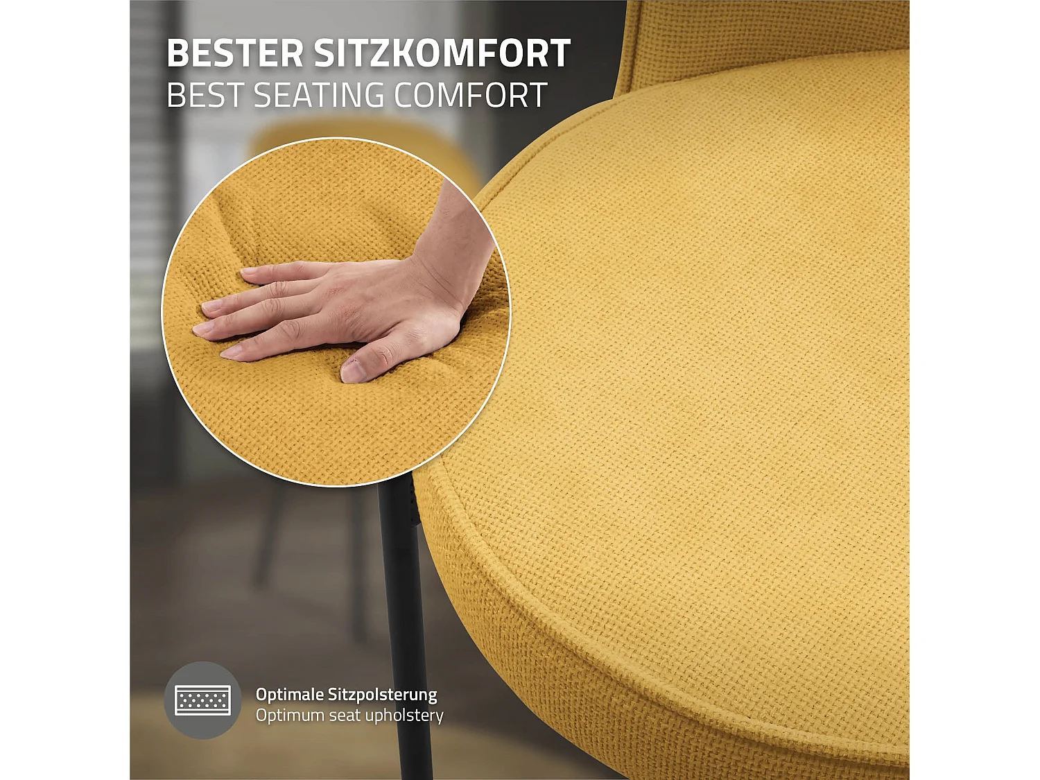 Lot de 2 chaises de salle à manger moutarde en polyester pieds en métal dossier arrondi ergonomique assise rembourrée sièges pour cuisine et salon