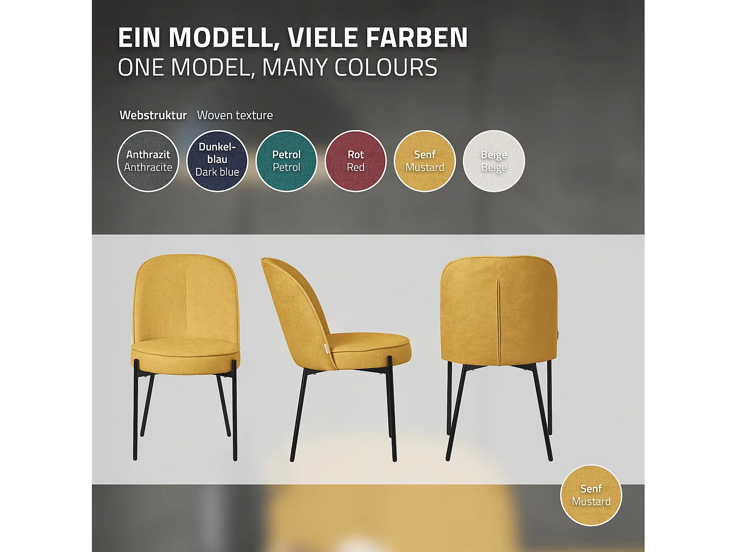 Lot de 2 chaises de salle à manger moutarde en polyester pieds en métal dossier arrondi ergonomique assise rembourrée sièges pour cuisine et salon
