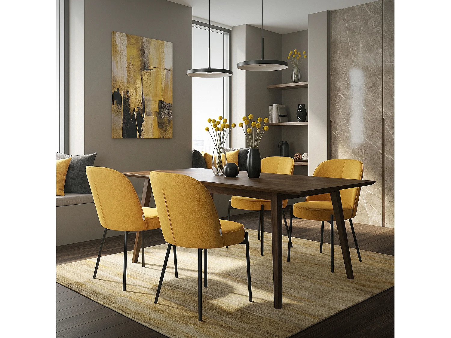 Lot de 2 chaises de salle à manger moutarde en polyester pieds en métal dossier arrondi ergonomique assise rembourrée sièges pour cuisine et salon