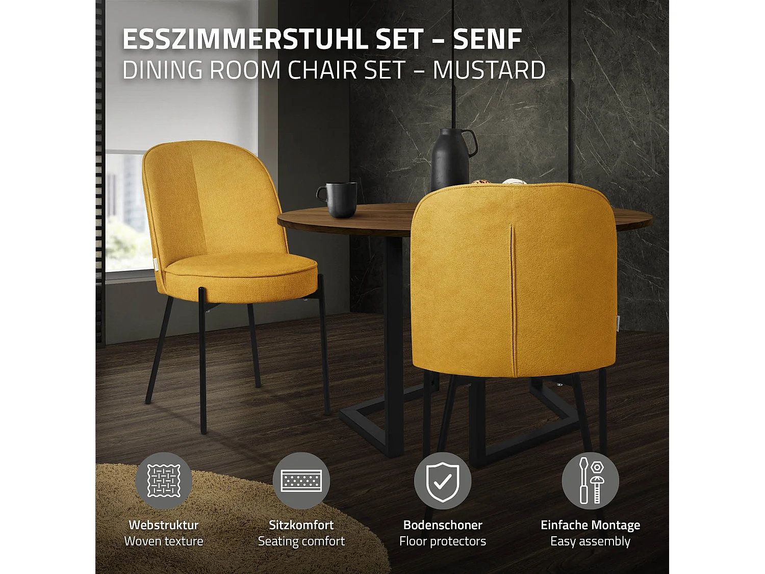 Lot de 4 chaises de salle à manger moutarde en polyester pieds en métal dossier arrondi ergonomique assise rembourrée sièges pour cuisine et salon