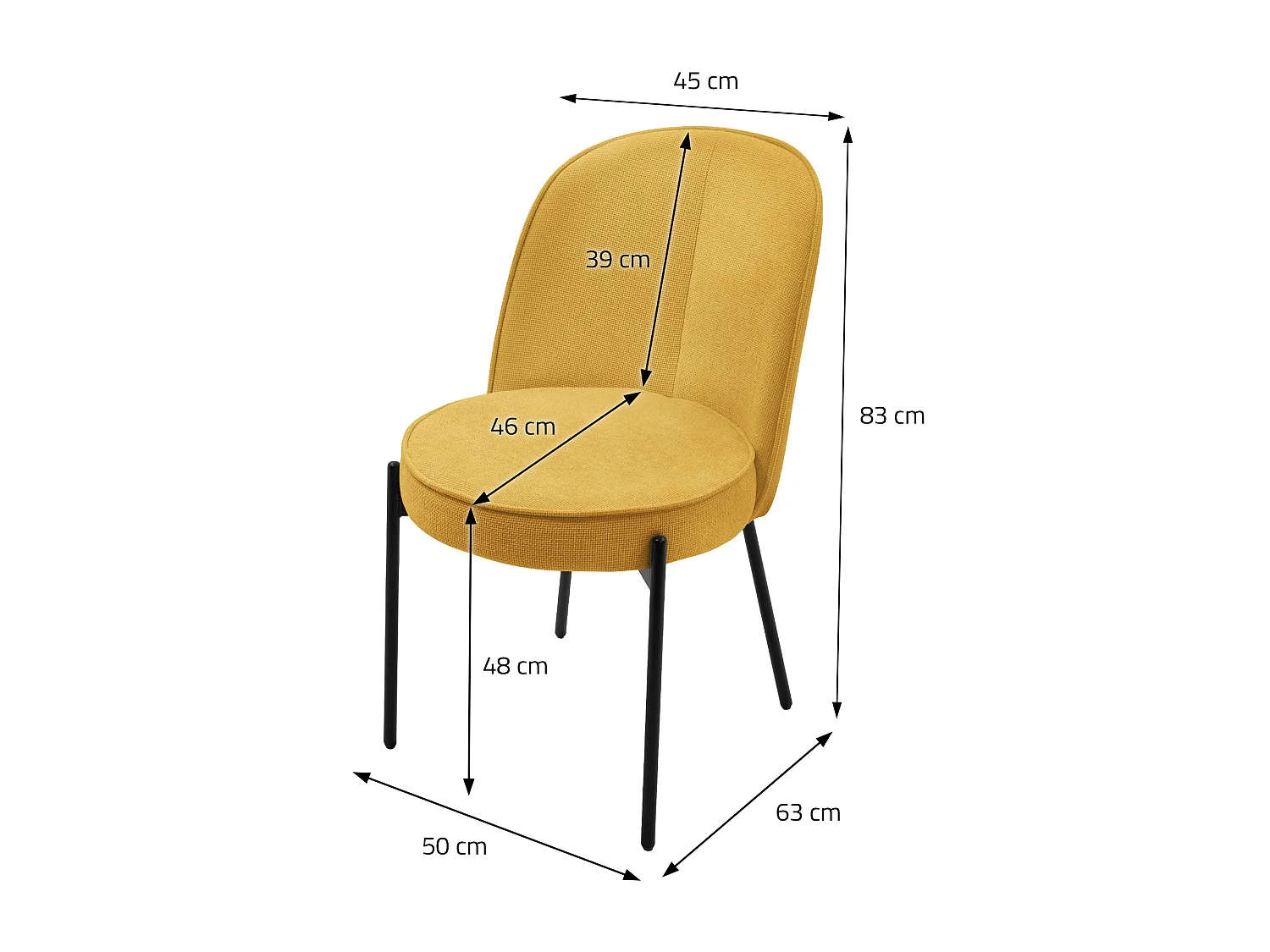 Lot de 4 chaises de salle à manger moutarde en polyester pieds en métal dossier arrondi ergonomique assise rembourrée sièges pour cuisine et salon