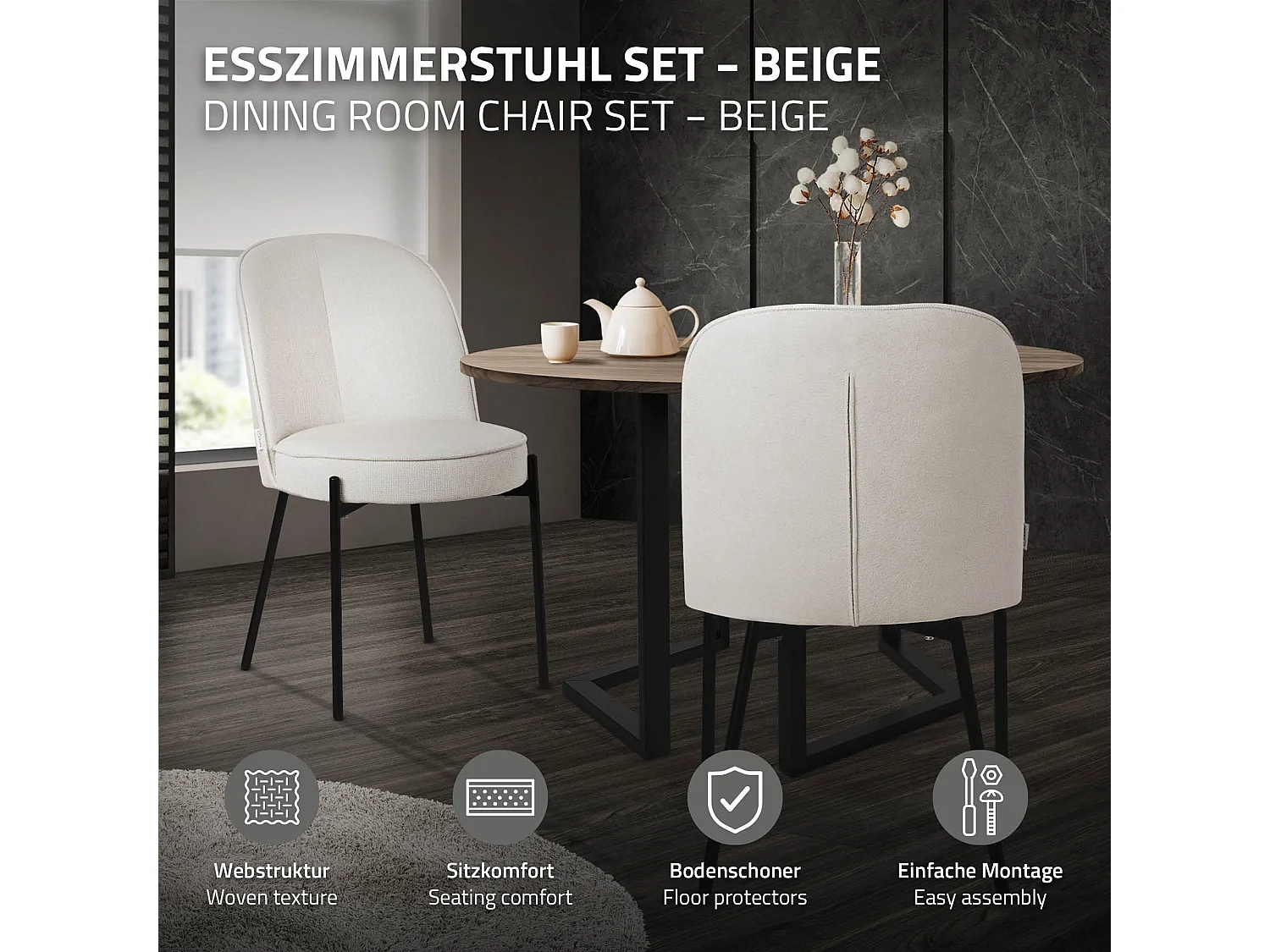Lot de 4 chaises de salle à manger beige en polyester pieds en métal dossier arrondi ergonomique assise rembourrée sièges pour cuisine et salon