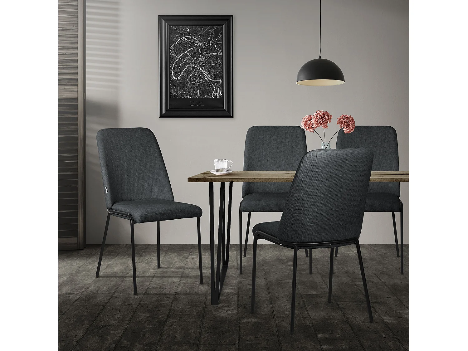 Lot de 4 chaises de salle à manger anthracite en polyester pieds en métal dossier ergonomique assise rembourrée sièges confortables pour cuisine salon
