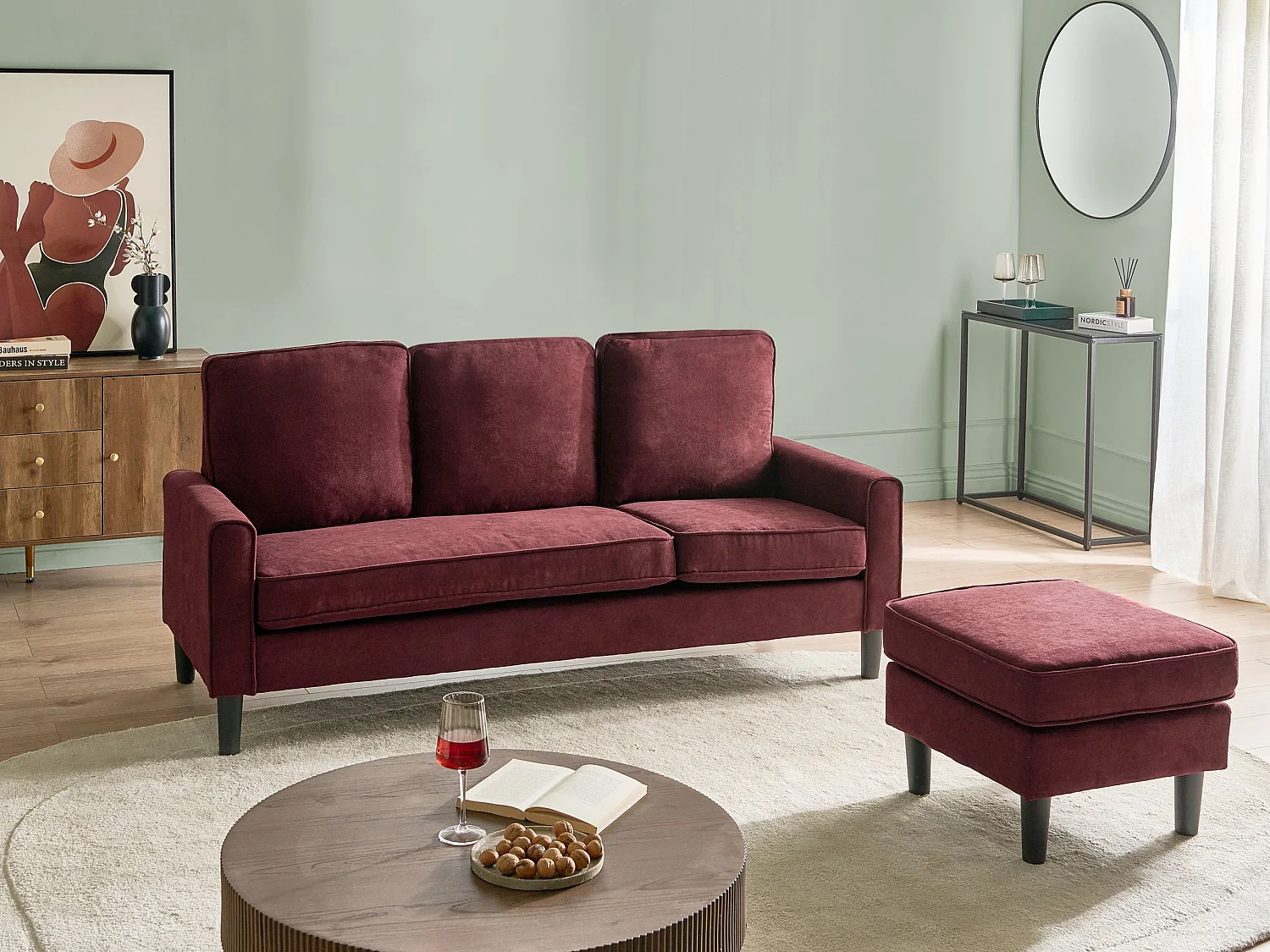 Canapé 3 places AVESTA Tissu Rouge Bordeaux avec ottoman