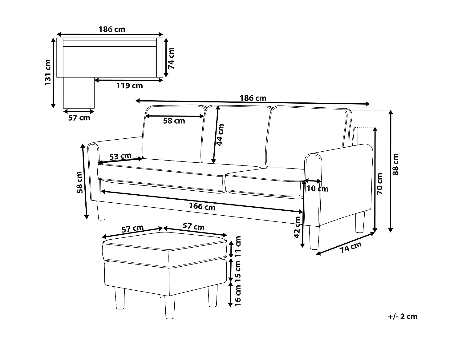 Canapé 3 places AVESTA Tissu Rouge Bordeaux avec ottoman