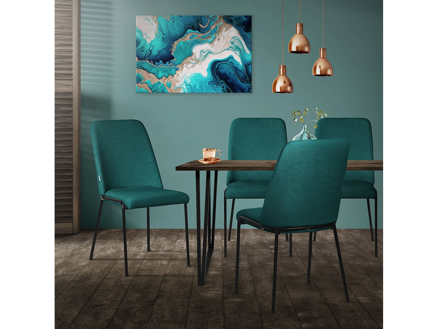 ML-Design 4x Sillas de comedor petróleo poliéster tapizado con patas de metal asiento acolchado con respaldo diseño atemporal mueble ergonómico