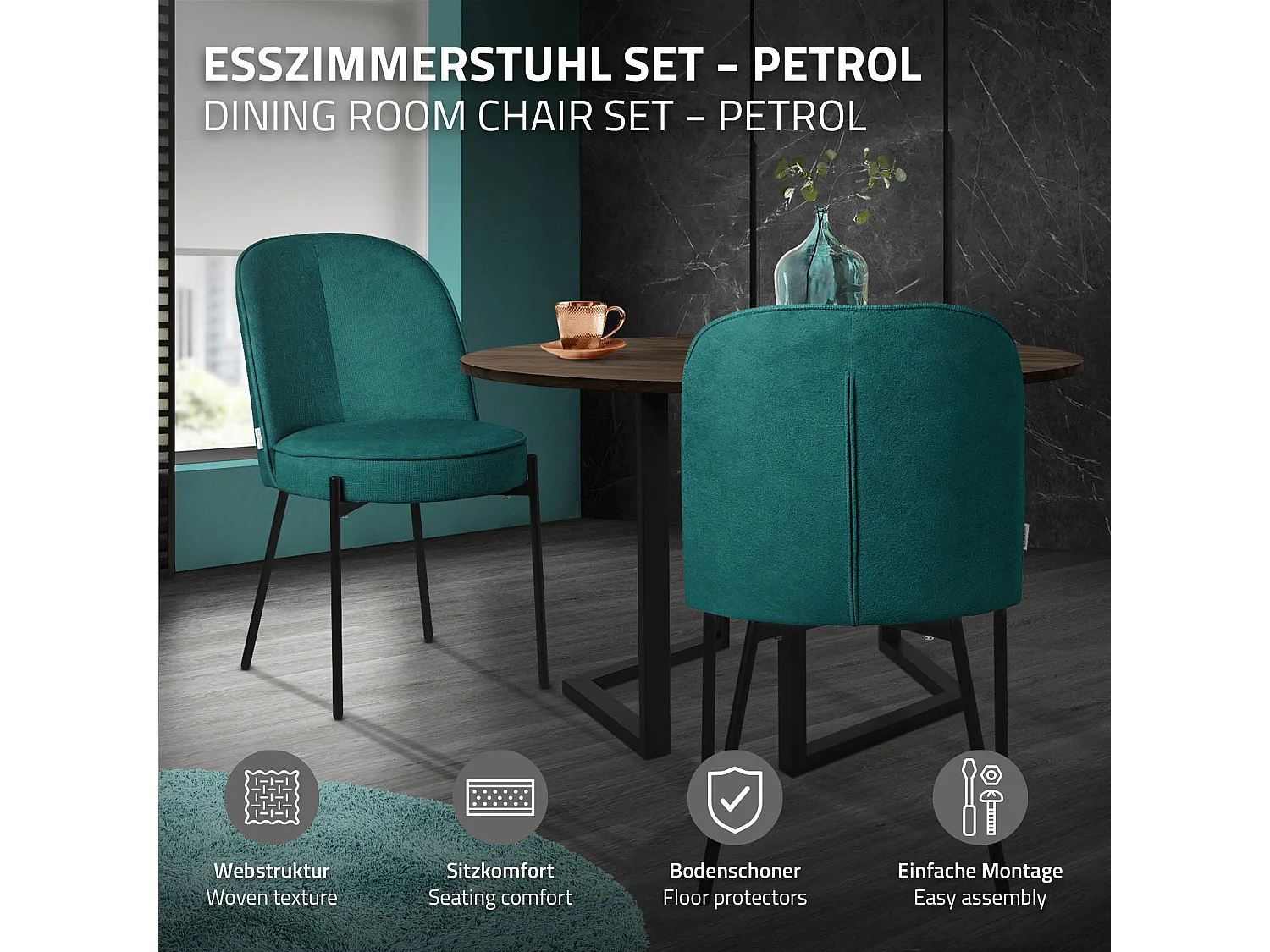 Lot de 4 chaises de salle à manger pétrole en polyester pieds en métal dossier arrondi ergonomique assise rembourrée sièges pour cuisine et salon