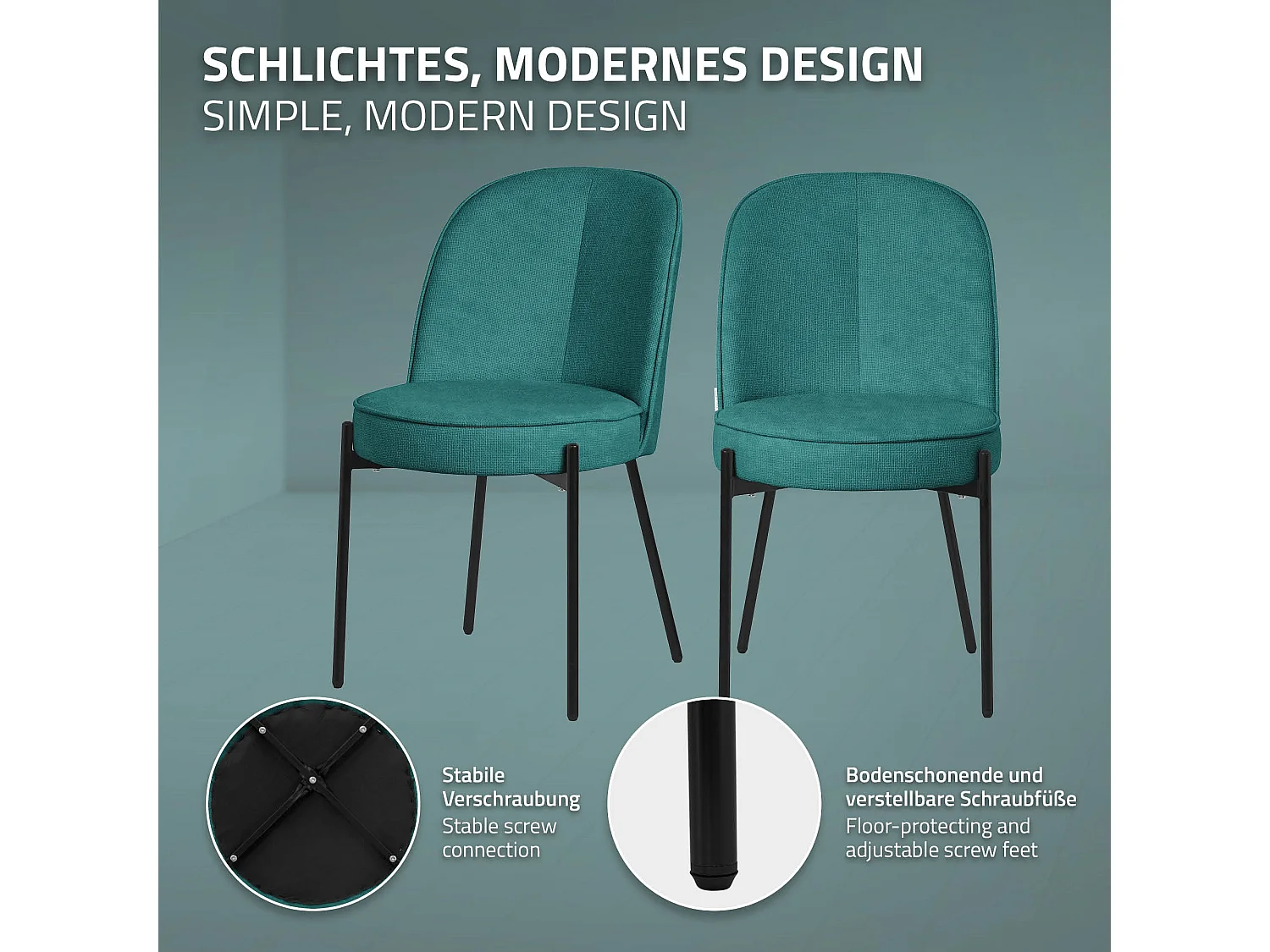 Lot de 4 chaises de salle à manger pétrole en polyester pieds en métal dossier arrondi ergonomique assise rembourrée sièges pour cuisine et salon