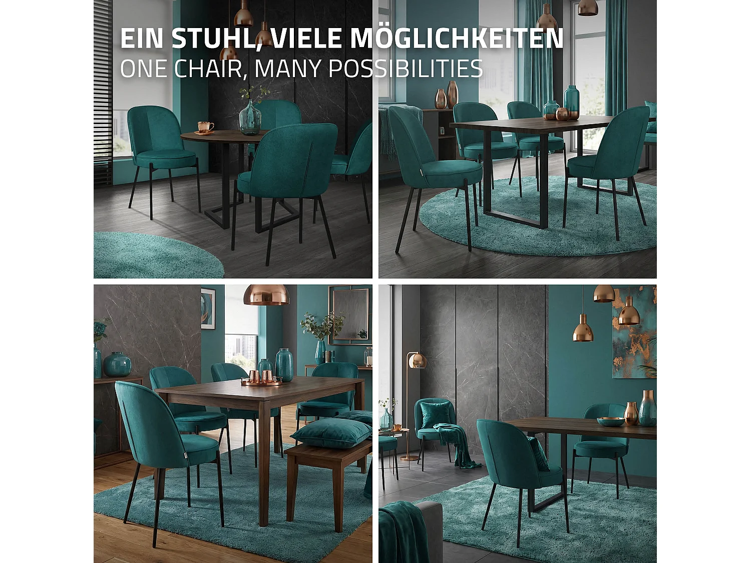Lot de 4 chaises de salle à manger pétrole en polyester pieds en métal dossier arrondi ergonomique assise rembourrée sièges pour cuisine et salon