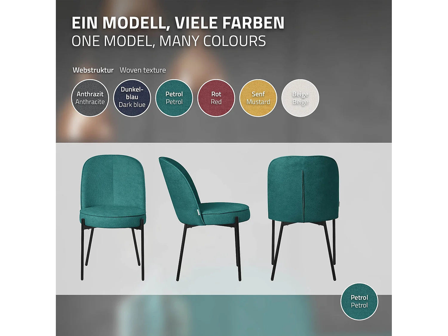 Lot de 4 chaises de salle à manger pétrole en polyester pieds en métal dossier arrondi ergonomique assise rembourrée sièges pour cuisine et salon