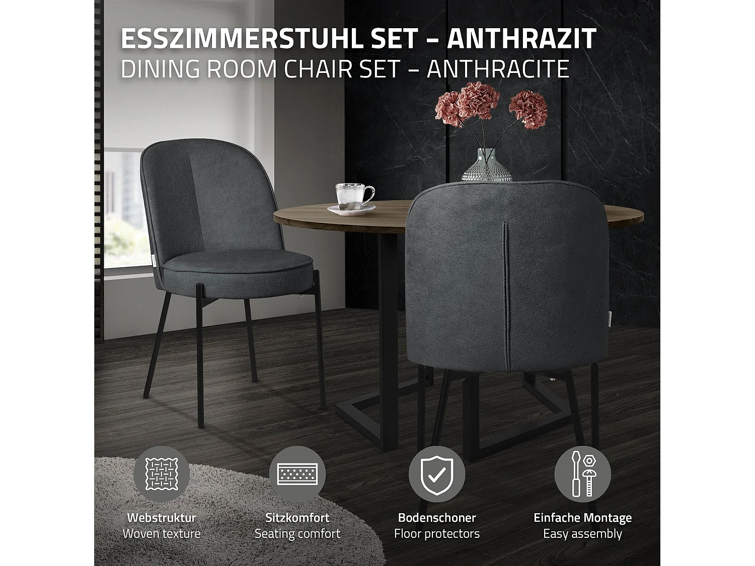 Lot de 6 chaises de salle à manger anthracite en polyester pieds en métal dossier arrondi ergonomique assise rembourrée sièges pour cuisine et salon