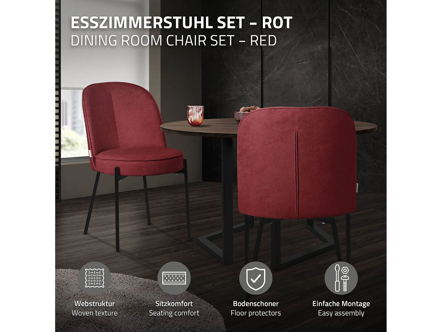 ML-Design 6 Sillas de comedor redondas rojas poliéster tapizado con patas de metal asiento acolchado con respaldo diseño atemporal mueble ergonómico