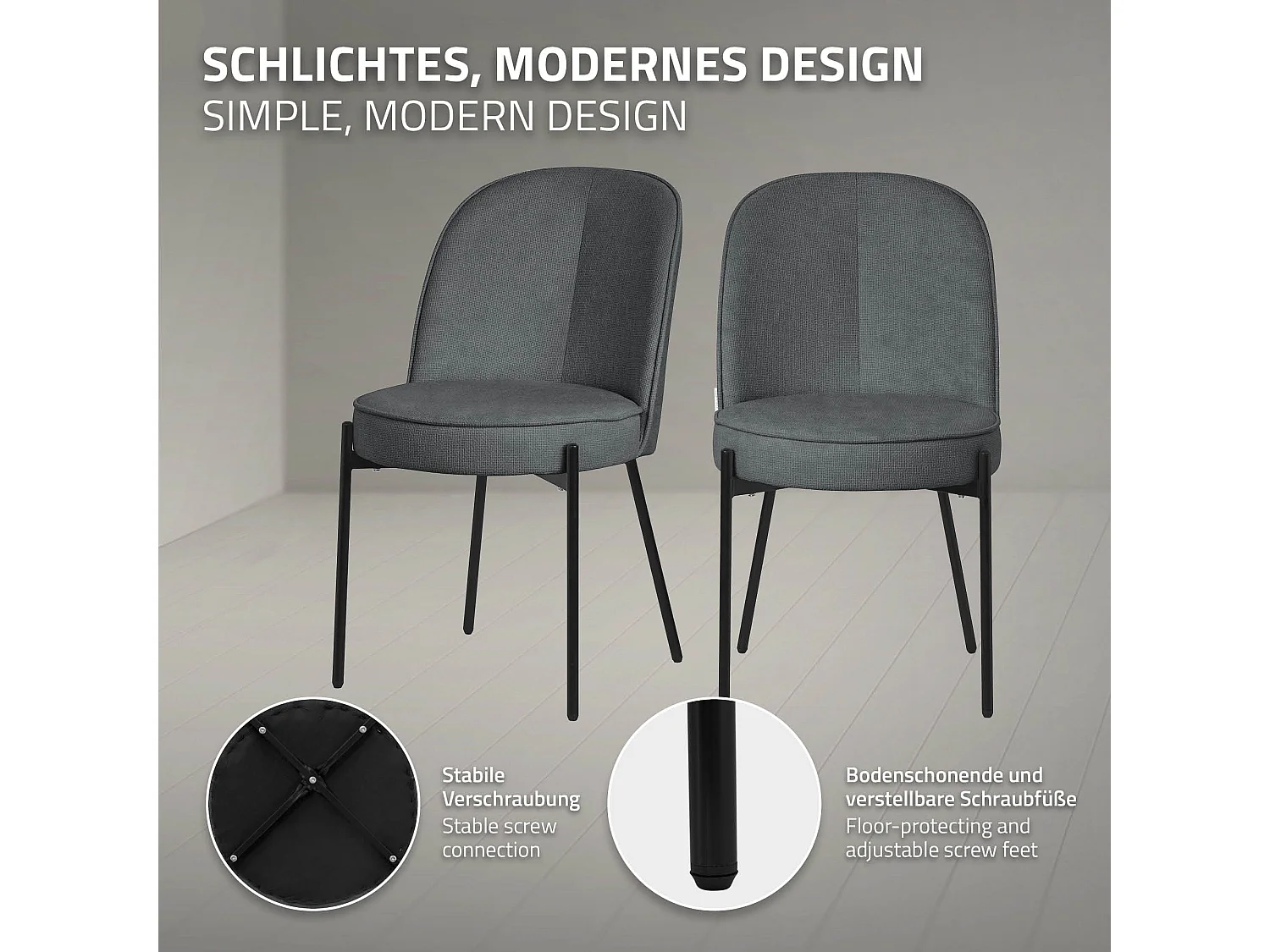 Lot de 2 chaises de salle à manger anthracite en polyester pieds en métal dossier arrondi ergonomique assise rembourrée sièges pour cuisine et salon
