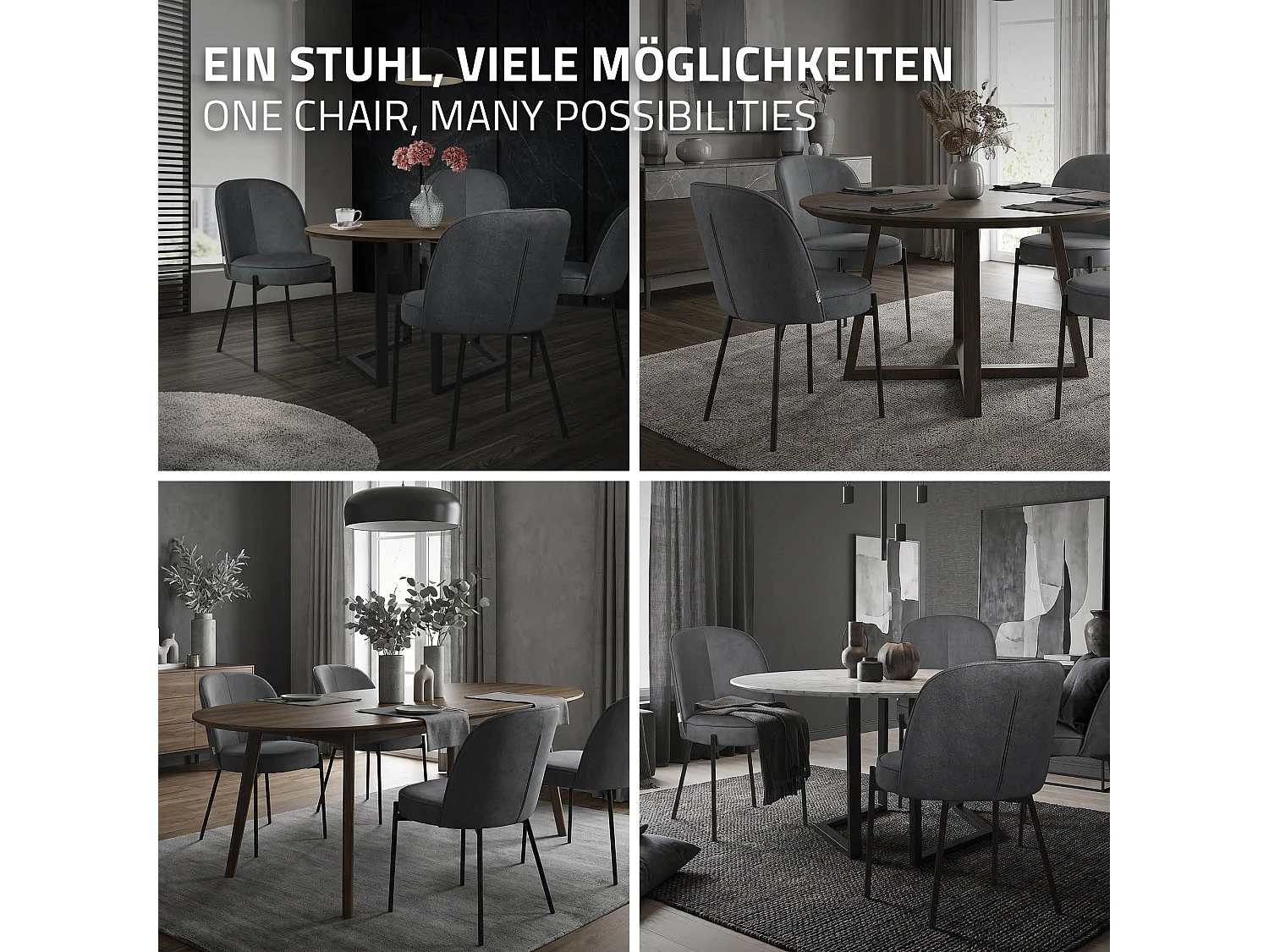 Lot de 2 chaises de salle à manger anthracite en polyester pieds en métal dossier arrondi ergonomique assise rembourrée sièges pour cuisine et salon