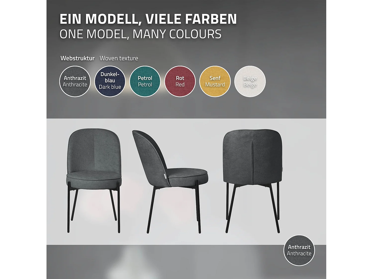 Lot de 2 chaises de salle à manger anthracite en polyester pieds en métal dossier arrondi ergonomique assise rembourrée sièges pour cuisine et salon