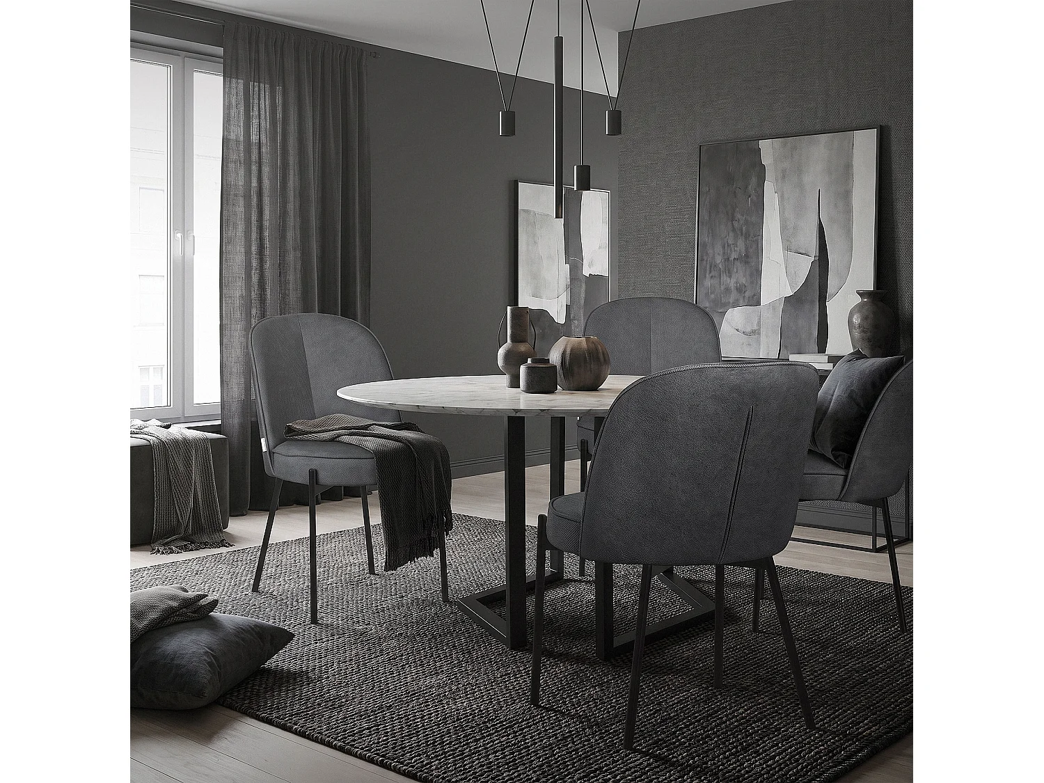 Lot de 2 chaises de salle à manger anthracite en polyester pieds en métal dossier arrondi ergonomique assise rembourrée sièges pour cuisine et salon