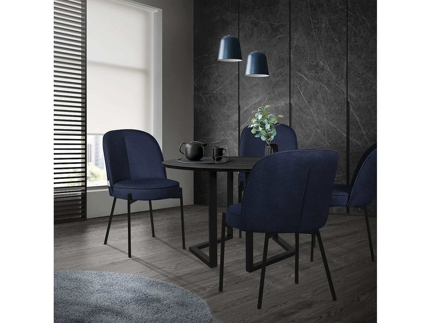 ML-Design 6 Sillas de comedor redondas azul oscuro poliéster tapizado con patas de metal asiento acolchado con respaldo diseño atemporal ergonómico