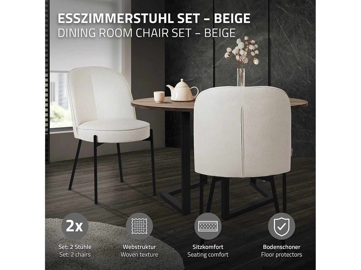Lot de 2 chaises de salle à manger beige en polyester pieds en métal dossier arrondi ergonomique assise rembourrée sièges pour cuisine et salon