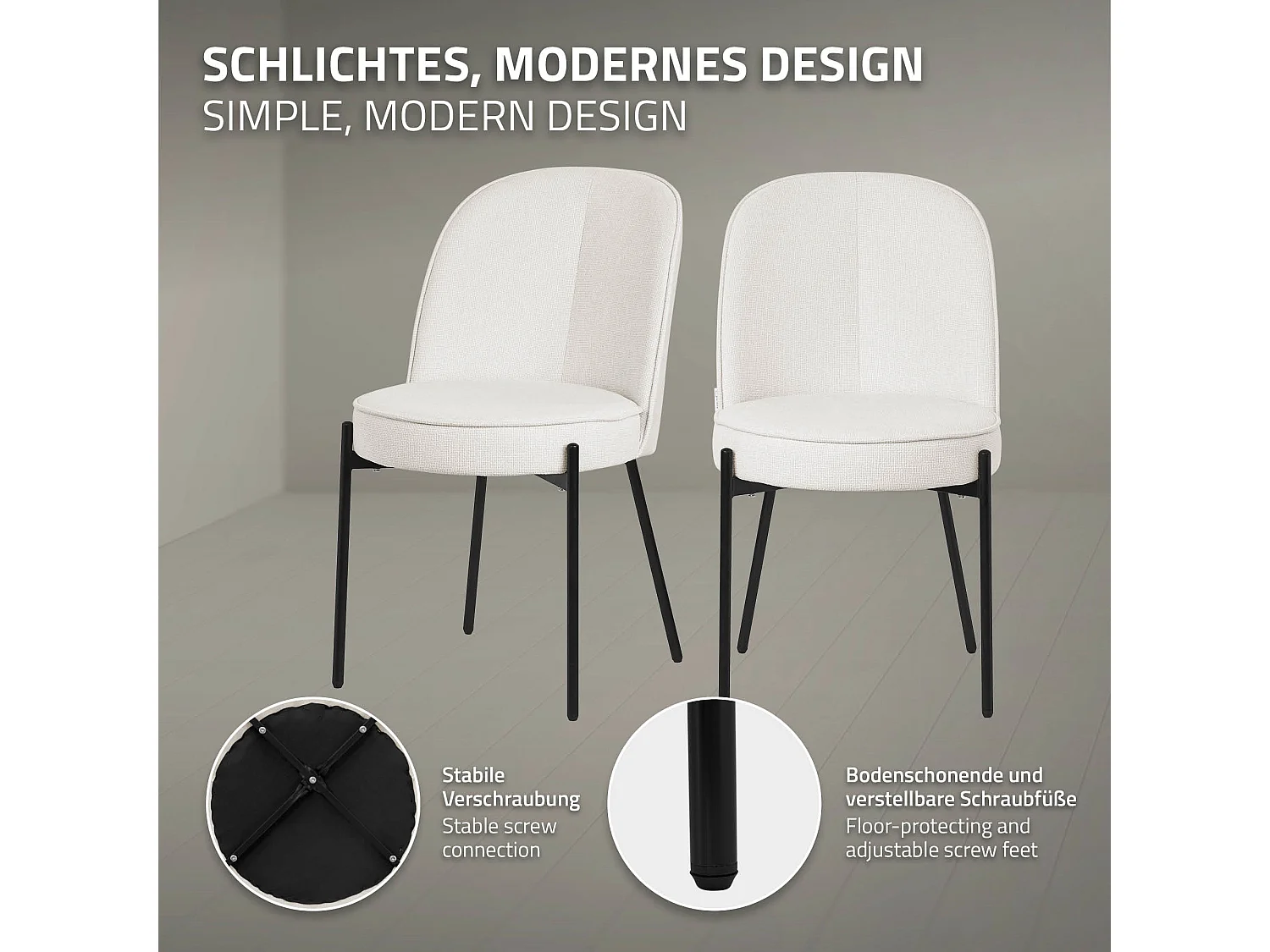 Lot de 2 chaises de salle à manger beige en polyester pieds en métal dossier arrondi ergonomique assise rembourrée sièges pour cuisine et salon