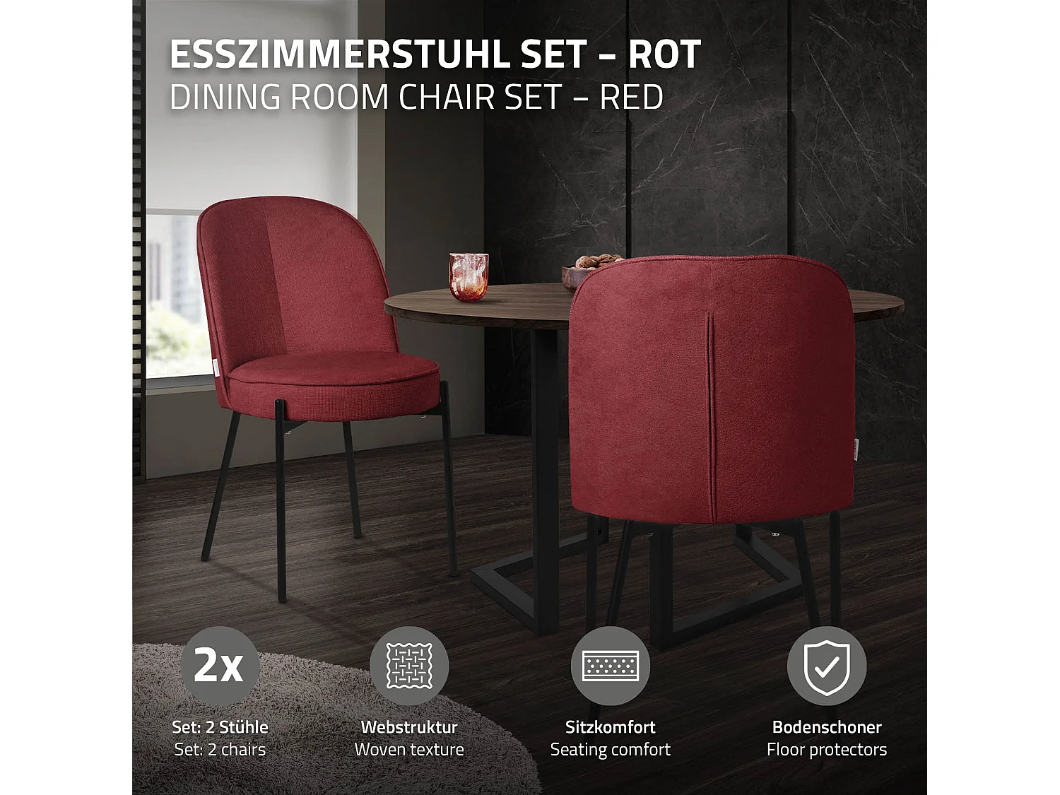 Lot de 2 chaises de salle à manger rouge en polyester pieds en métal dossier arrondi ergonomique assise rembourrée sièges pour cuisine et salon