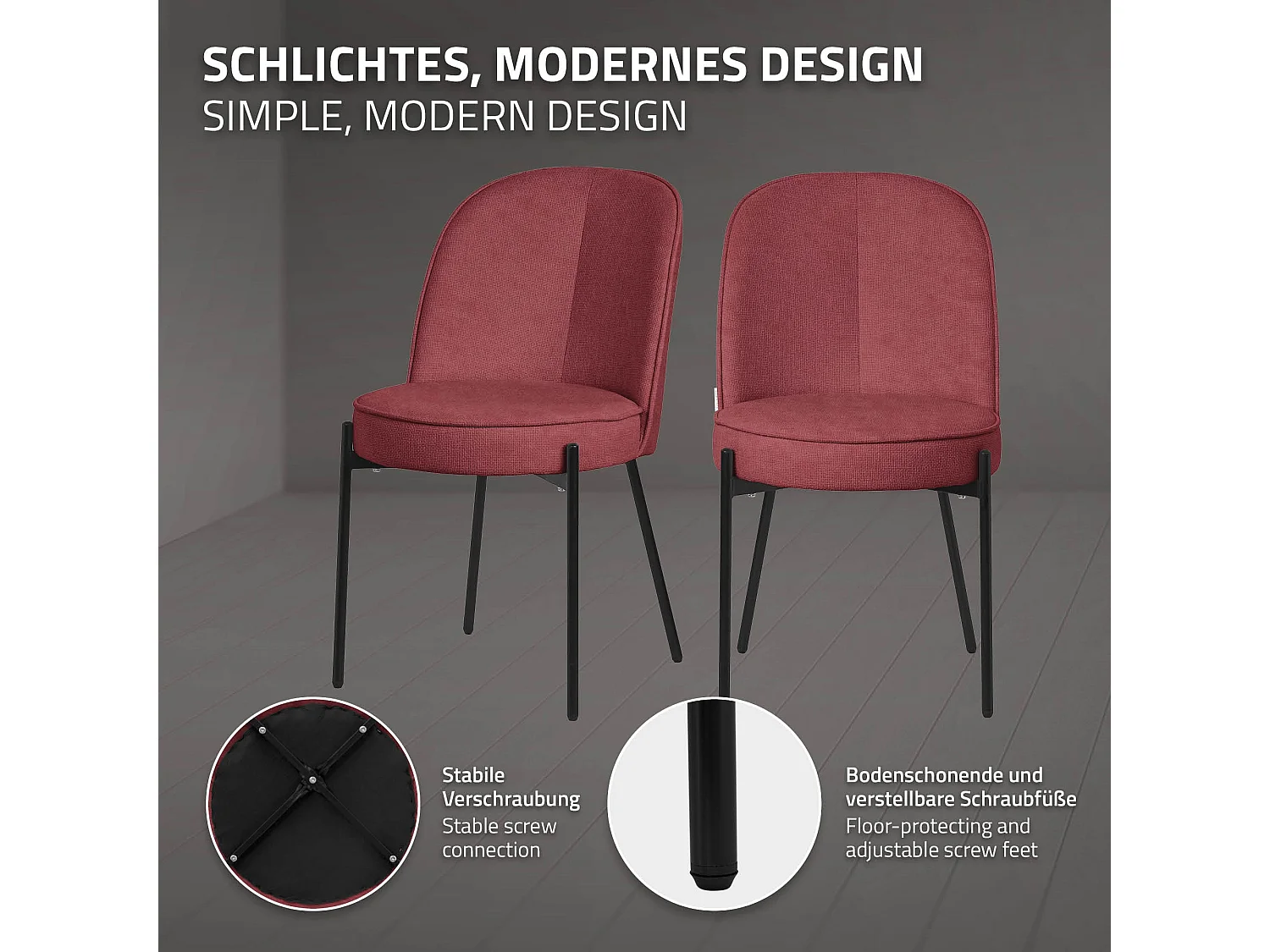 Lot de 2 chaises de salle à manger rouge en polyester pieds en métal dossier arrondi ergonomique assise rembourrée sièges pour cuisine et salon