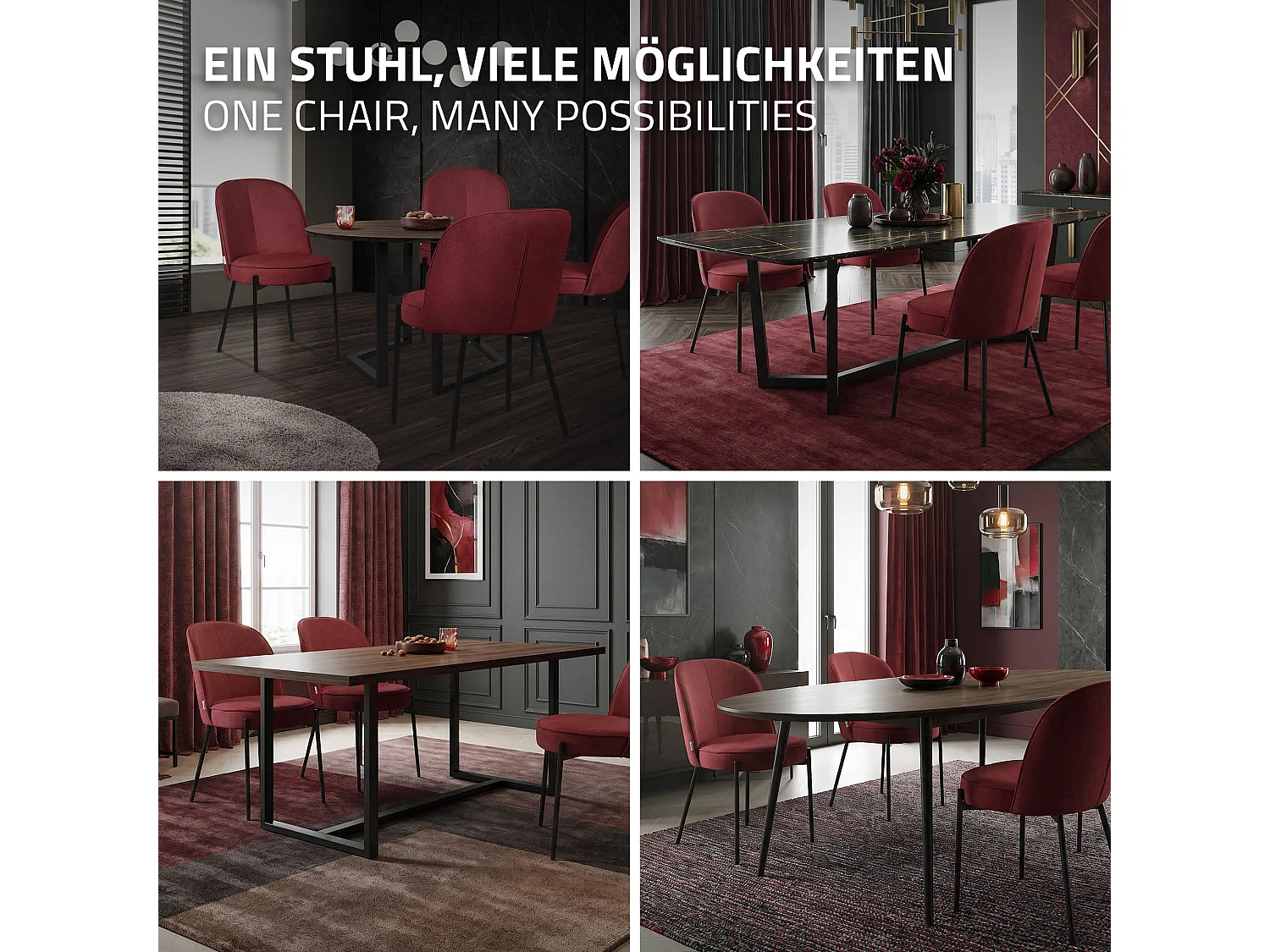 Lot de 2 chaises de salle à manger rouge en polyester pieds en métal dossier arrondi ergonomique assise rembourrée sièges pour cuisine et salon