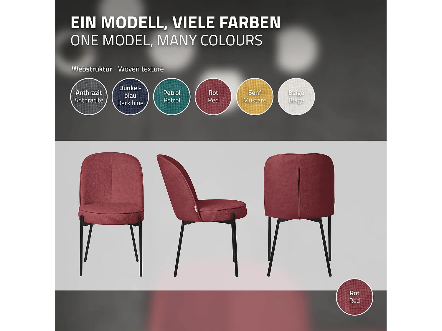 Lot de 2 chaises de salle à manger rouge en polyester pieds en métal dossier arrondi ergonomique assise rembourrée sièges pour cuisine et salon