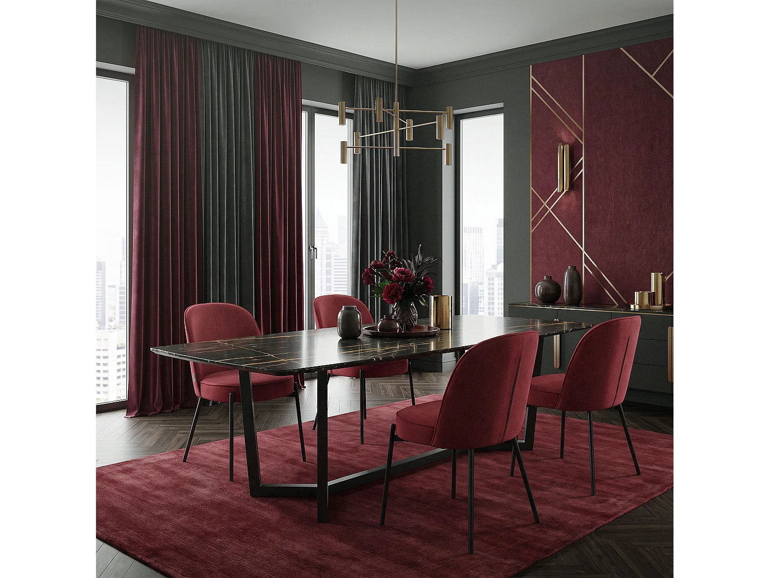 Lot de 2 chaises de salle à manger rouge en polyester pieds en métal dossier arrondi ergonomique assise rembourrée sièges pour cuisine et salon