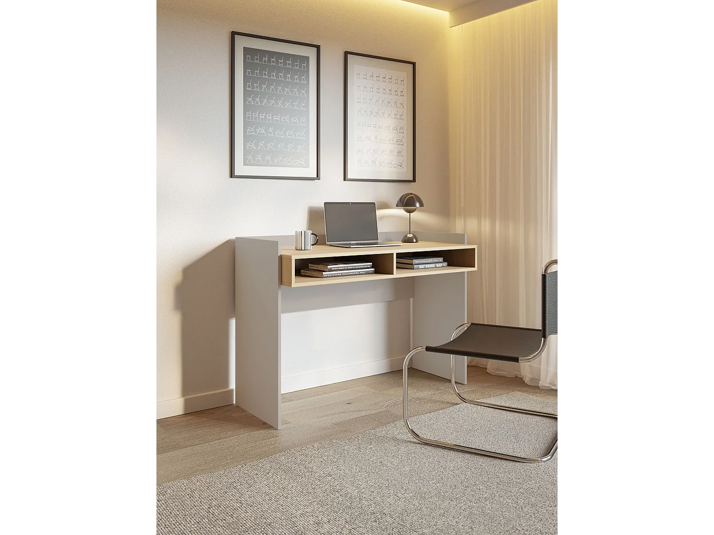 Bureau avec deux niches - 120 × 53 cm - beige cachemire et aspect chêne - TABISE