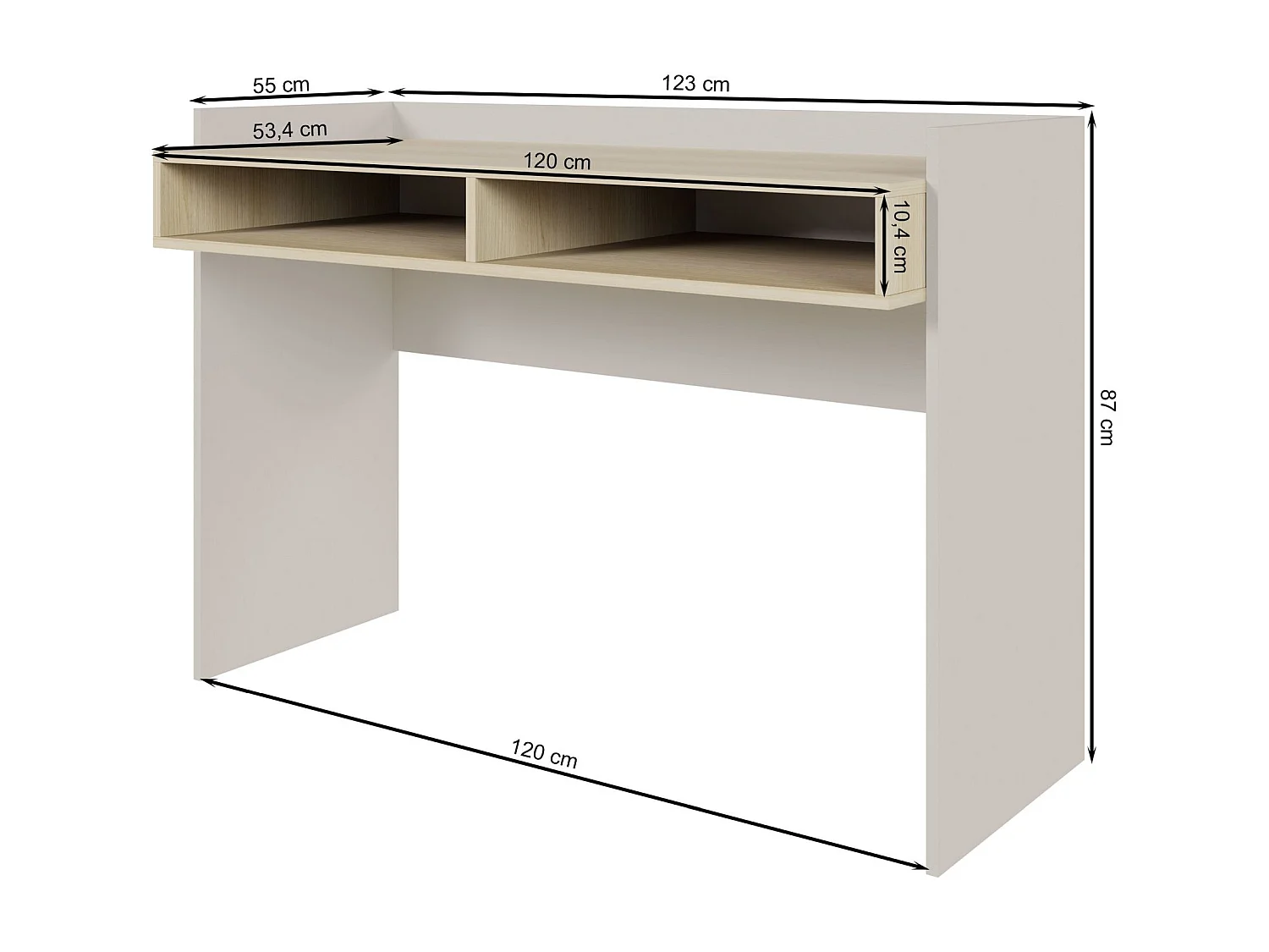 Bureau avec deux niches - 120 × 53 cm - beige cachemire et aspect chêne - TABISE