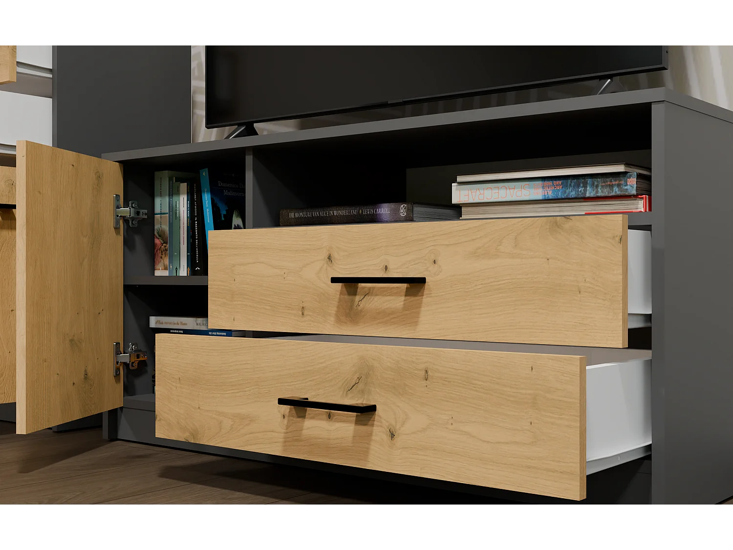 SIMPLO Szafka RTV 1D2S | Antracyt Dąb Artisan | 109x45x53 cm | Nowoczesny Stolik TV