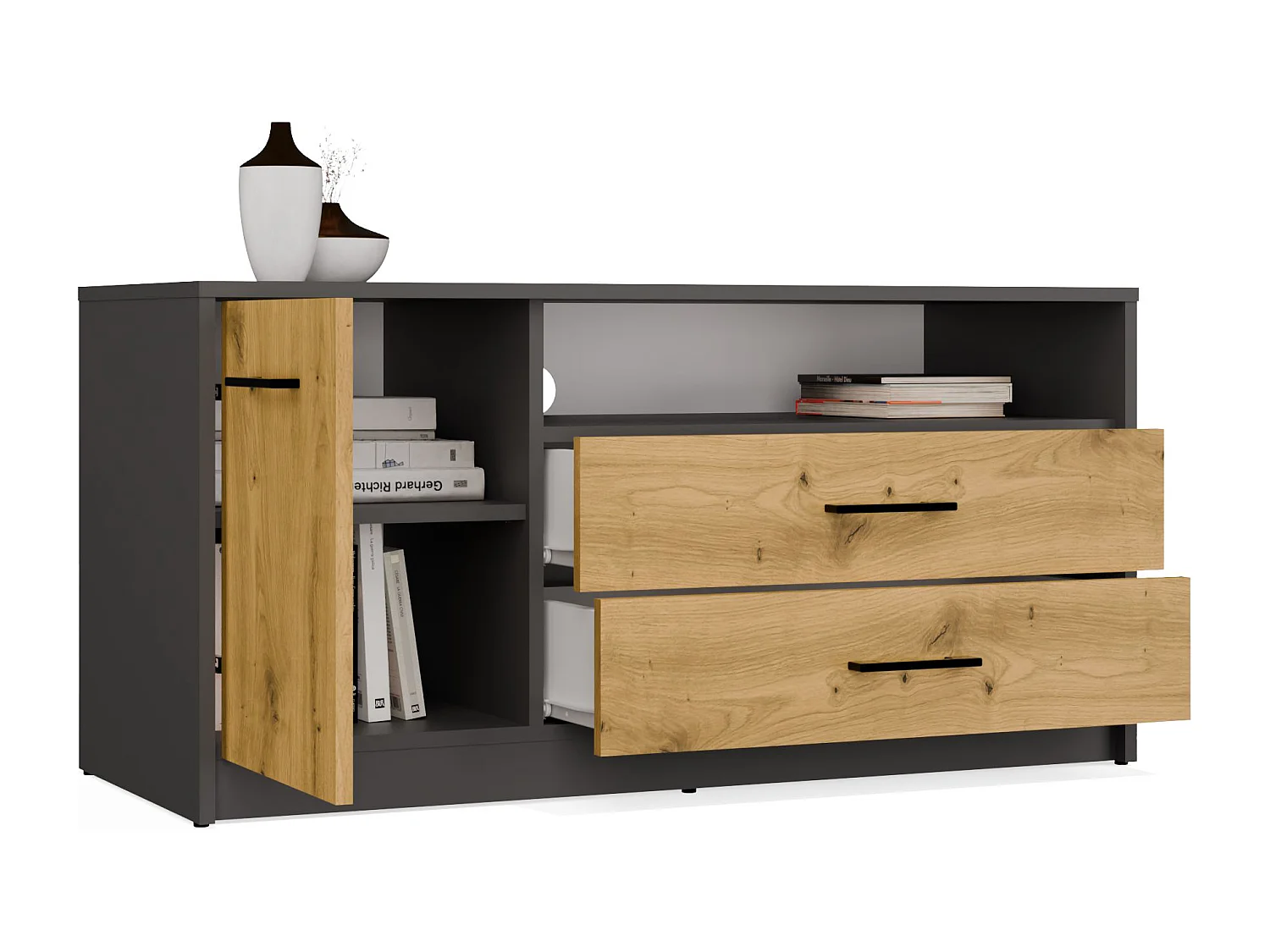 SIMPLO Szafka RTV 1D2S | Antracyt Dąb Artisan | 109x45x53 cm | Nowoczesny Stolik TV