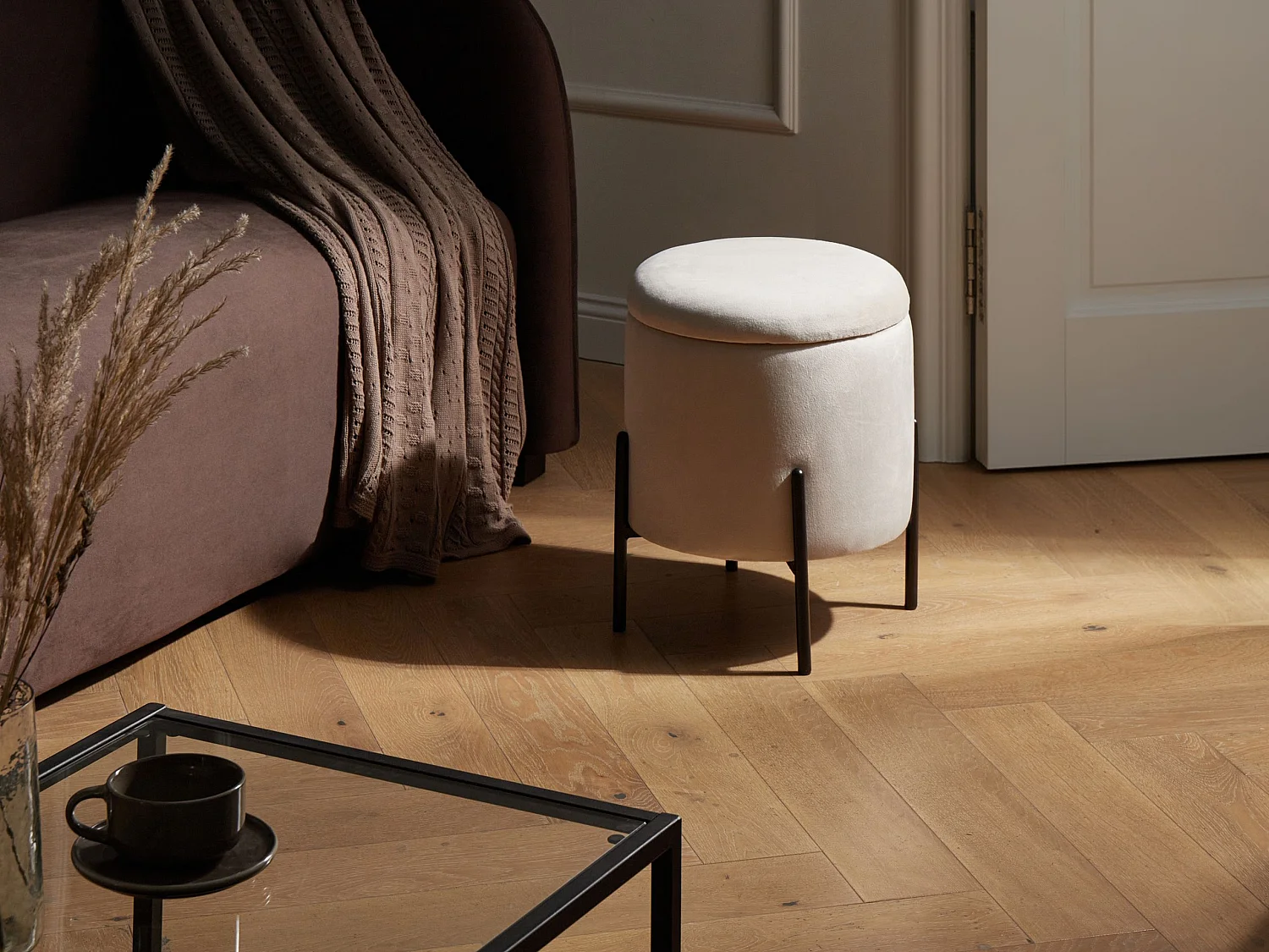 Pouf de rangement WENONA Velours Beige clair