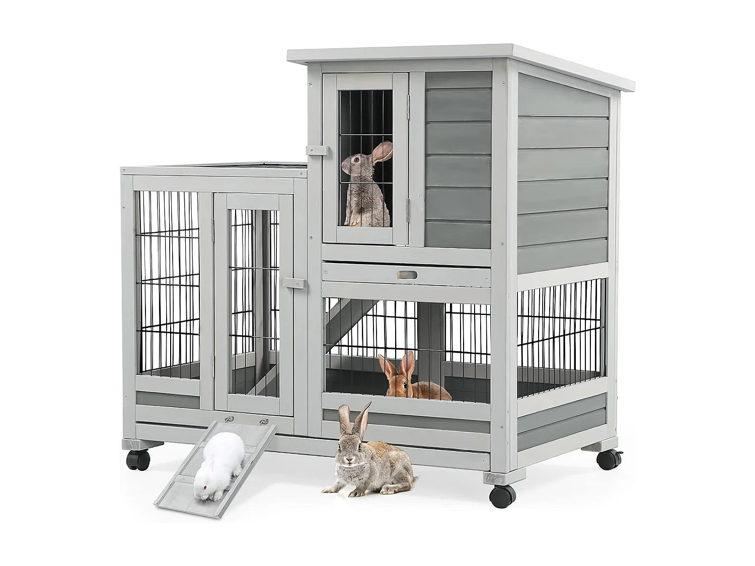 YODOLLA Cage à Lapin 2 étages sur roulettes, Clapier Bois Intérieur avec 3 Portes Verrouillables et Plateaux Amovibles,  94x62x85cm,  Gris