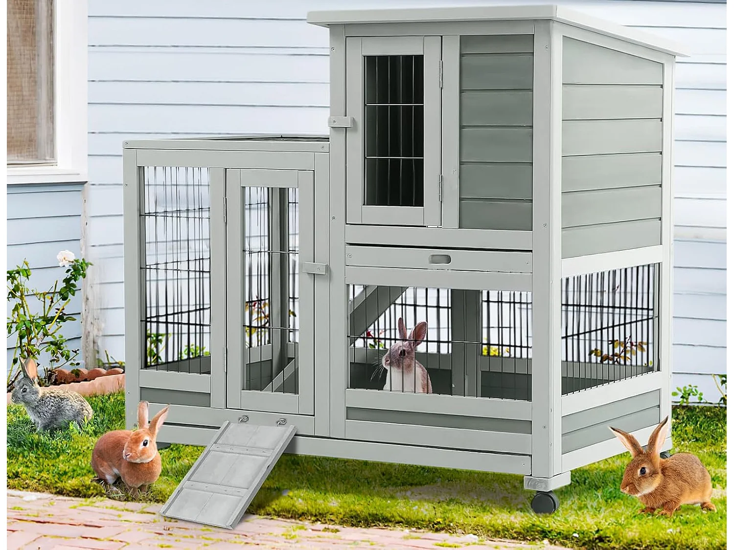 YODOLLA Cage à Lapin 2 étages sur roulettes, Clapier Bois Intérieur avec 3 Portes Verrouillables et Plateaux Amovibles,  94x62x85cm,  Gris