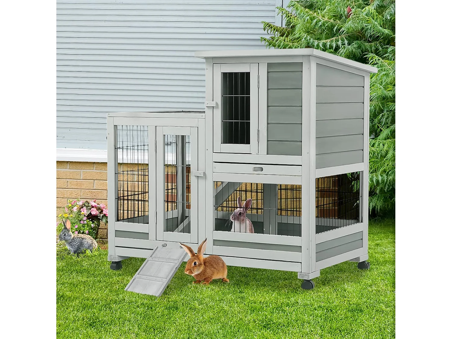 YODOLLA Cage à Lapin 2 étages sur roulettes, Clapier Bois Intérieur avec 3 Portes Verrouillables et Plateaux Amovibles,  94x62x85cm,  Gris