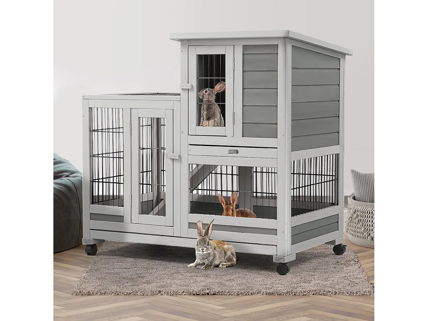 YODOLLA Cage à Lapin 2 étages sur roulettes, Clapier Bois Intérieur avec 3 Portes Verrouillables et Plateaux Amovibles,  94x62x85cm,  Gris
