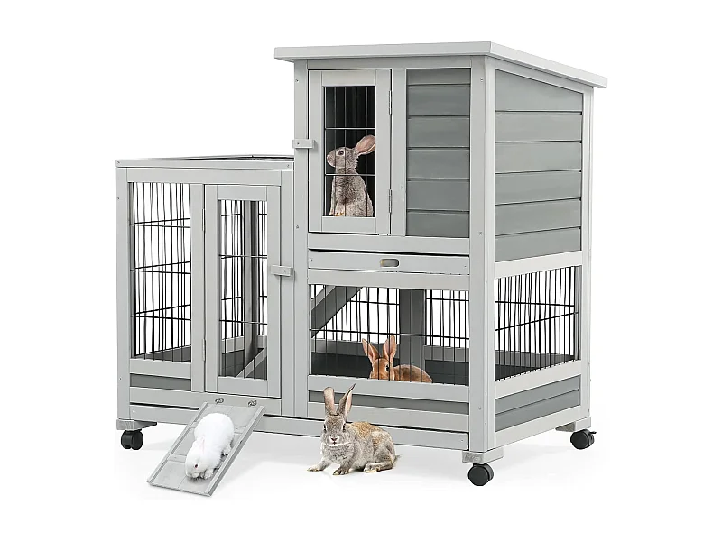 YODOLLA Cage à Lapin 2 étages sur roulettes, Clapier Bois Intérieur avec 3 Portes Verrouillables et Plateaux Amovibles,  94x62x85cm,  Gris