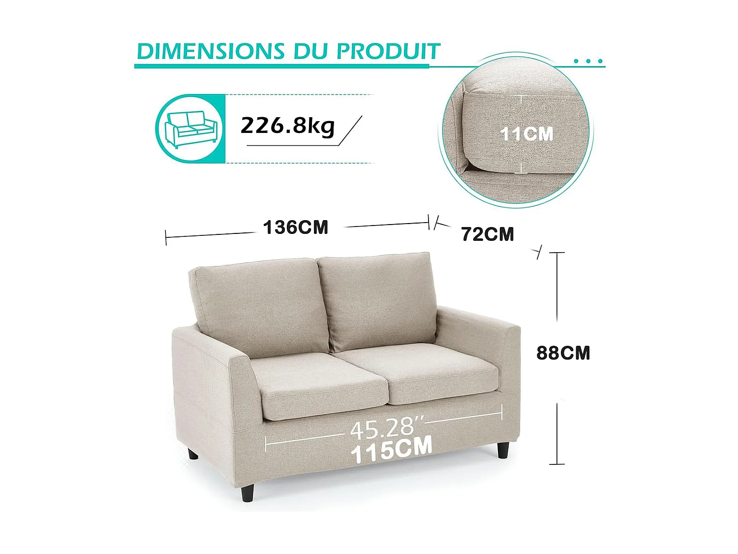 YODOLLA Canapé 2 Places en Lin avec Housses Amovibles, Moderne et Confortable pour Salon, Appartement ou Bureau, Beige