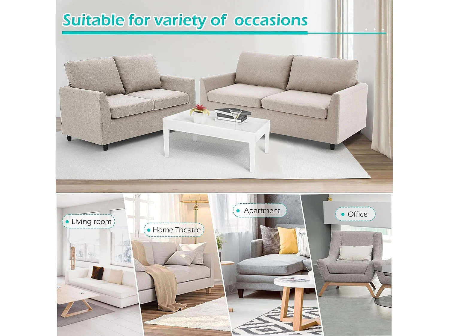 YODOLLA Canapé 2 Places en Lin avec Housses Amovibles, Moderne et Confortable pour Salon, Appartement ou Bureau, Beige