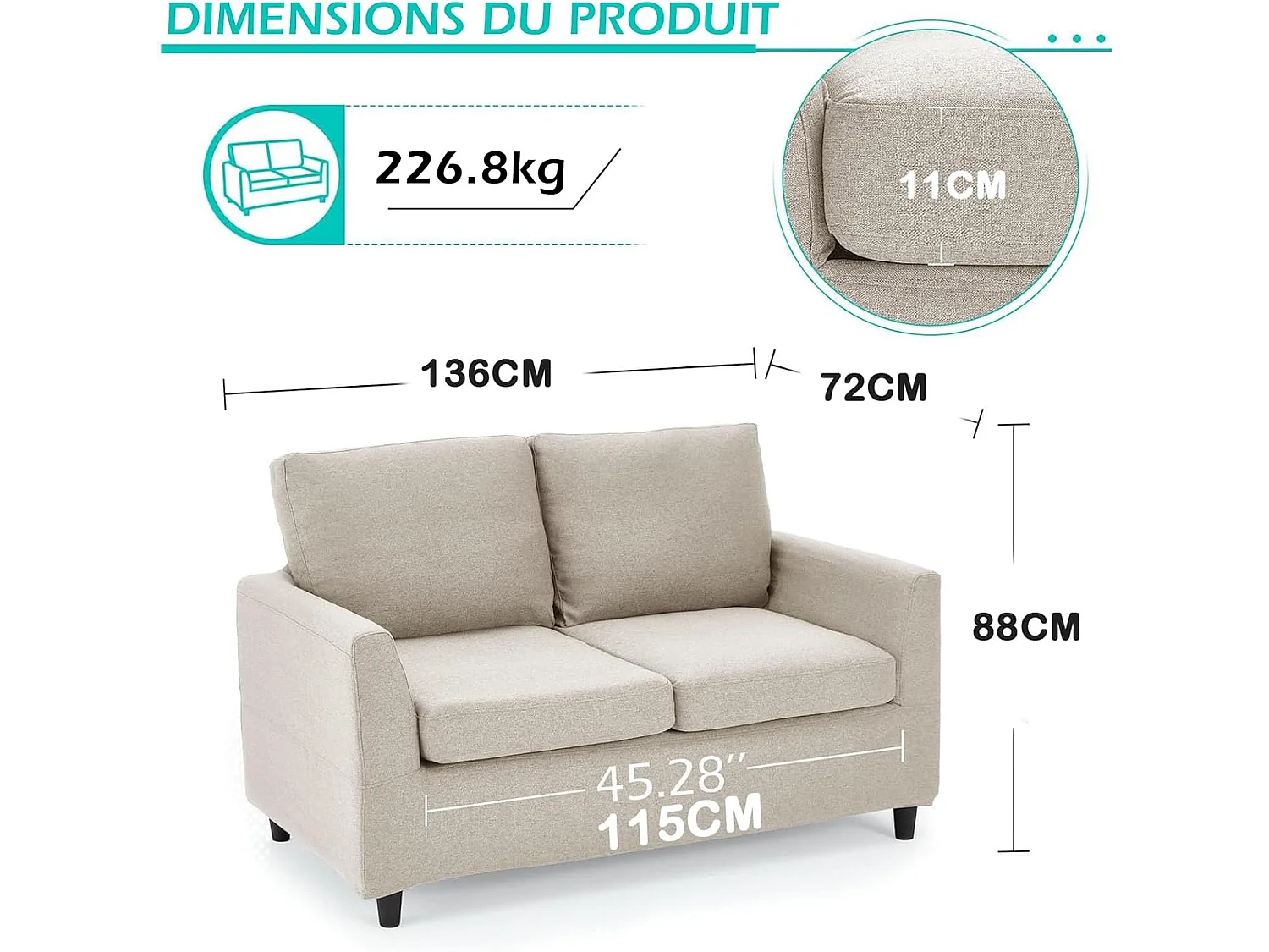Canapé 2 places en lin beige YODOLLA