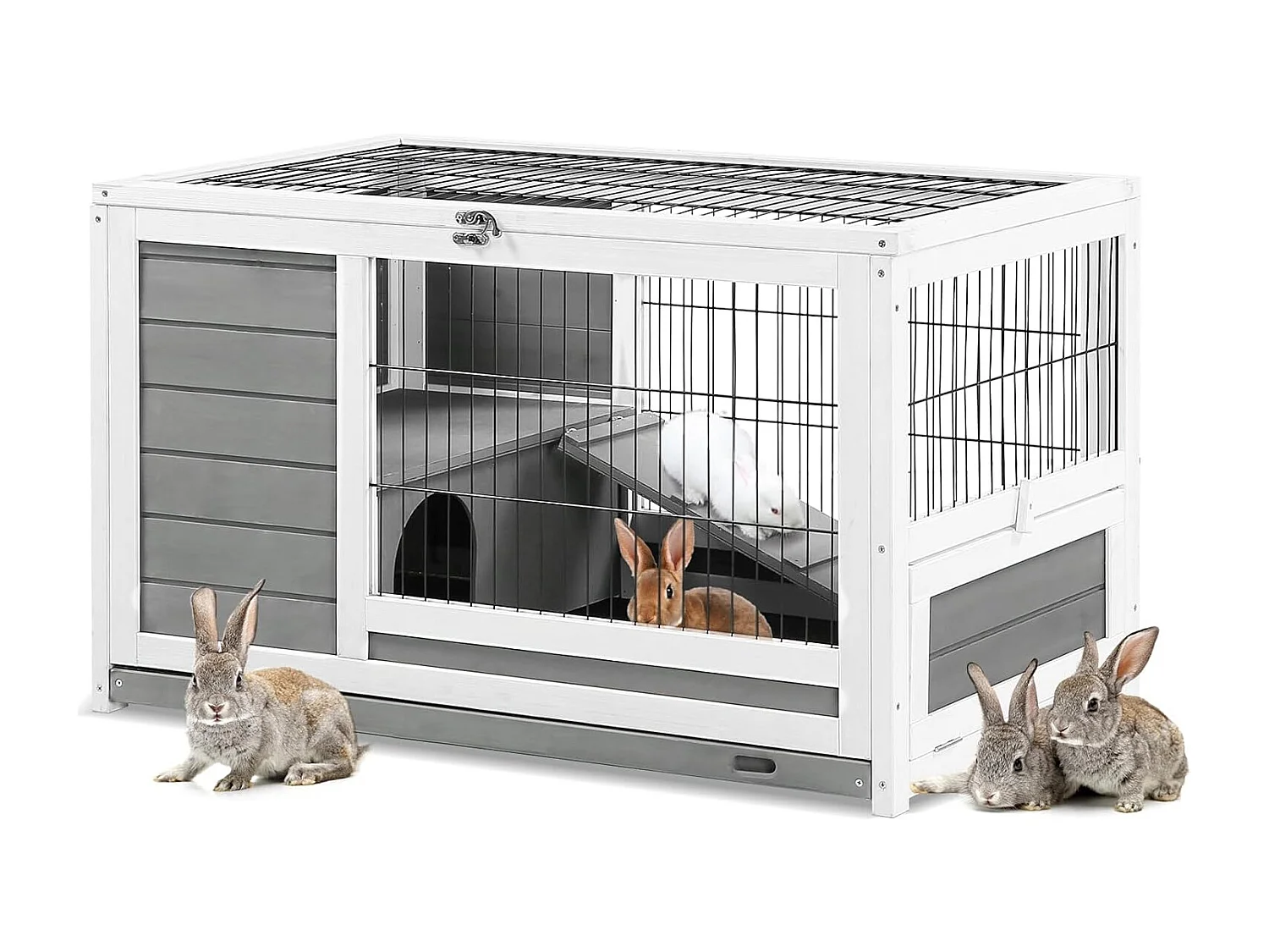 YODOLLA Cage à Lapin 2 étages  Clapier Bois Intérieur avec Porte Verrouillable et Plateau Amovible, 90x50x55cm,Gris
