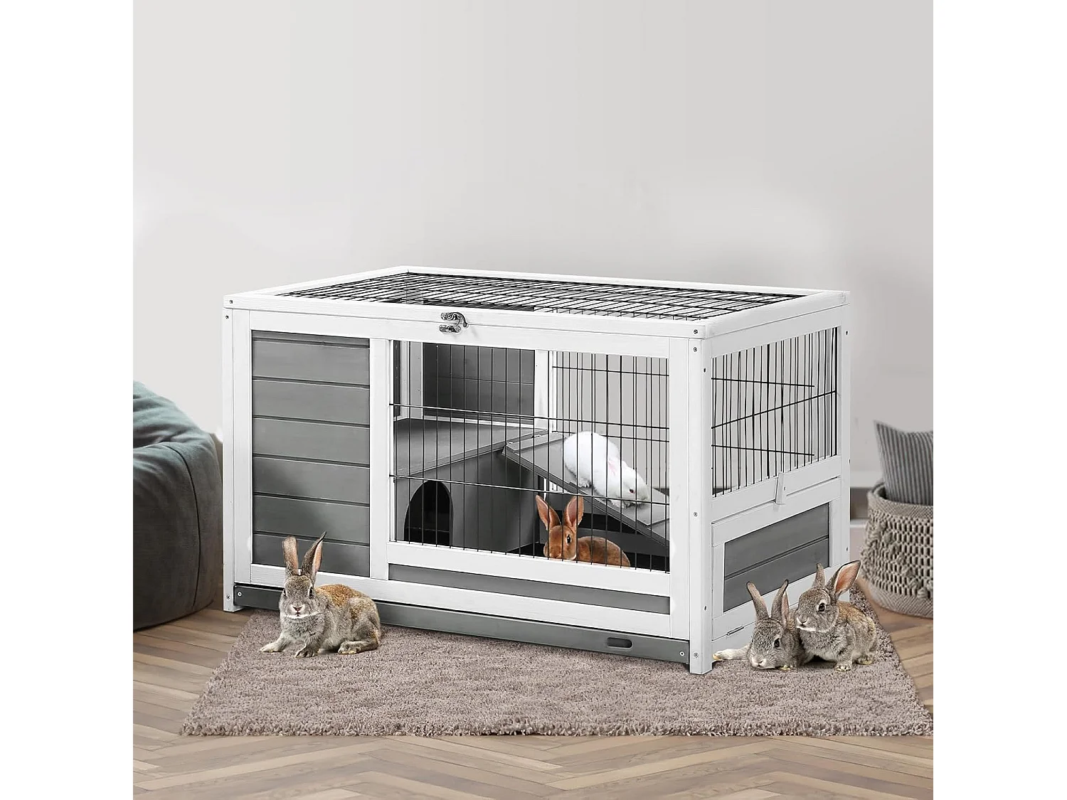 YODOLLA Cage à Lapin 2 étages  Clapier Bois Intérieur avec Porte Verrouillable et Plateau Amovible, 90x50x55cm,Gris