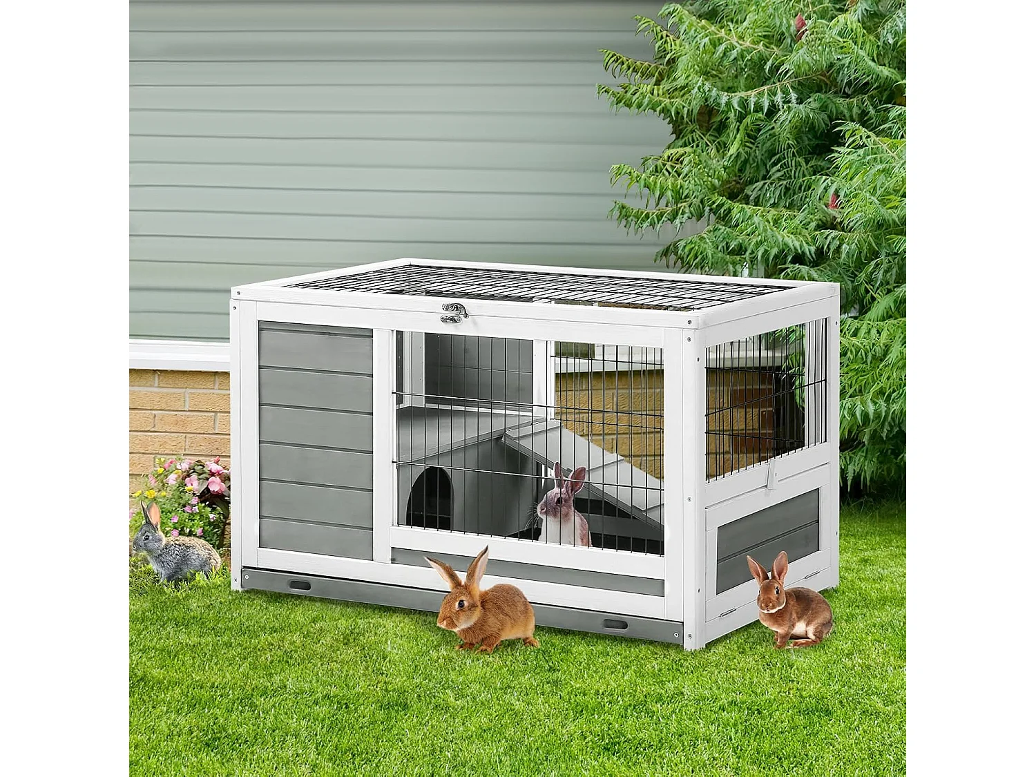 YODOLLA Cage à Lapin 2 étages  Clapier Bois Intérieur avec Porte Verrouillable et Plateau Amovible, 90x50x55cm,Gris