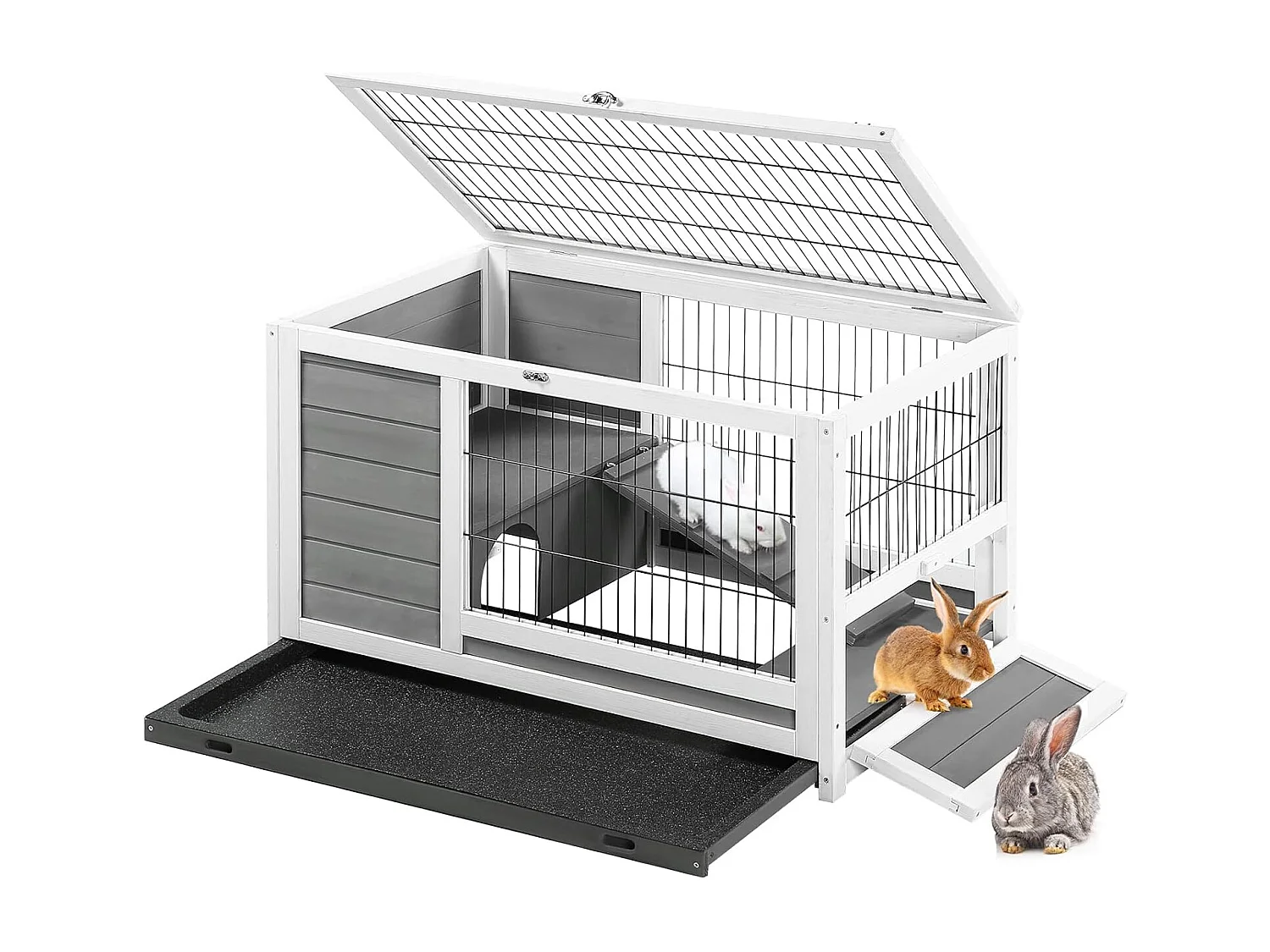 YODOLLA Cage à Lapin 2 étages  Clapier Bois Intérieur avec Porte Verrouillable et Plateau Amovible, 90x50x55cm,Gris